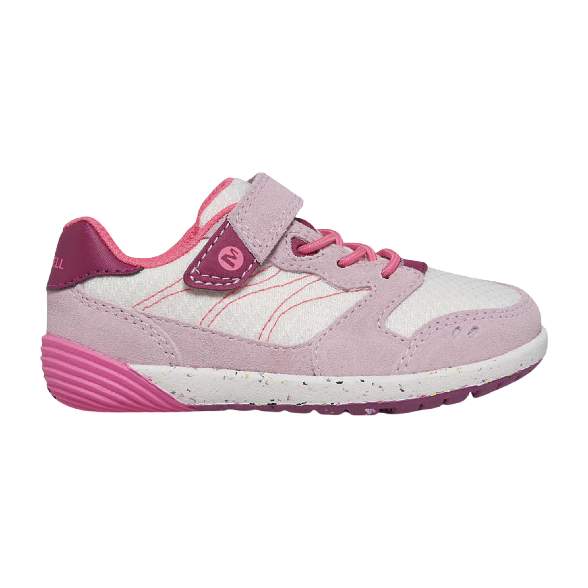 Merrell Bare Steps A83 Toddler Sneakers in Lilac Pastel with extra-wide toe box, leather and mesh upper, hook-and-loop closure and flexible rubber outsole