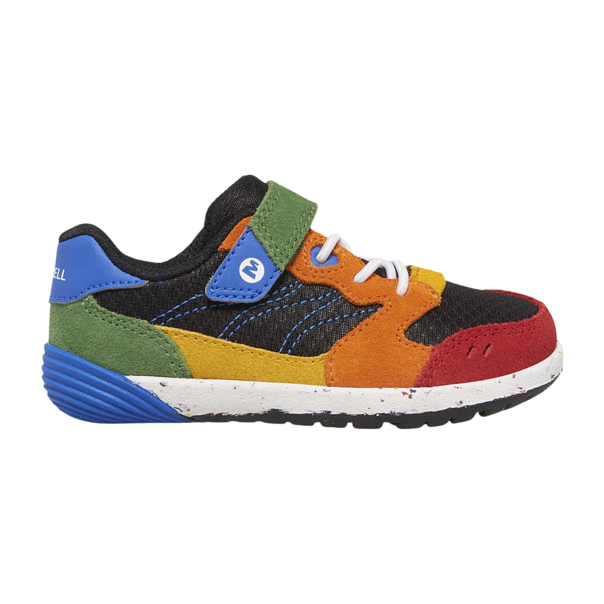 Merrell Bare Steps A83 Toddler Sneakers in Multi color with extra-wide toe box, leather and mesh upper, hook-and-loop closure and flexible rubber outsole