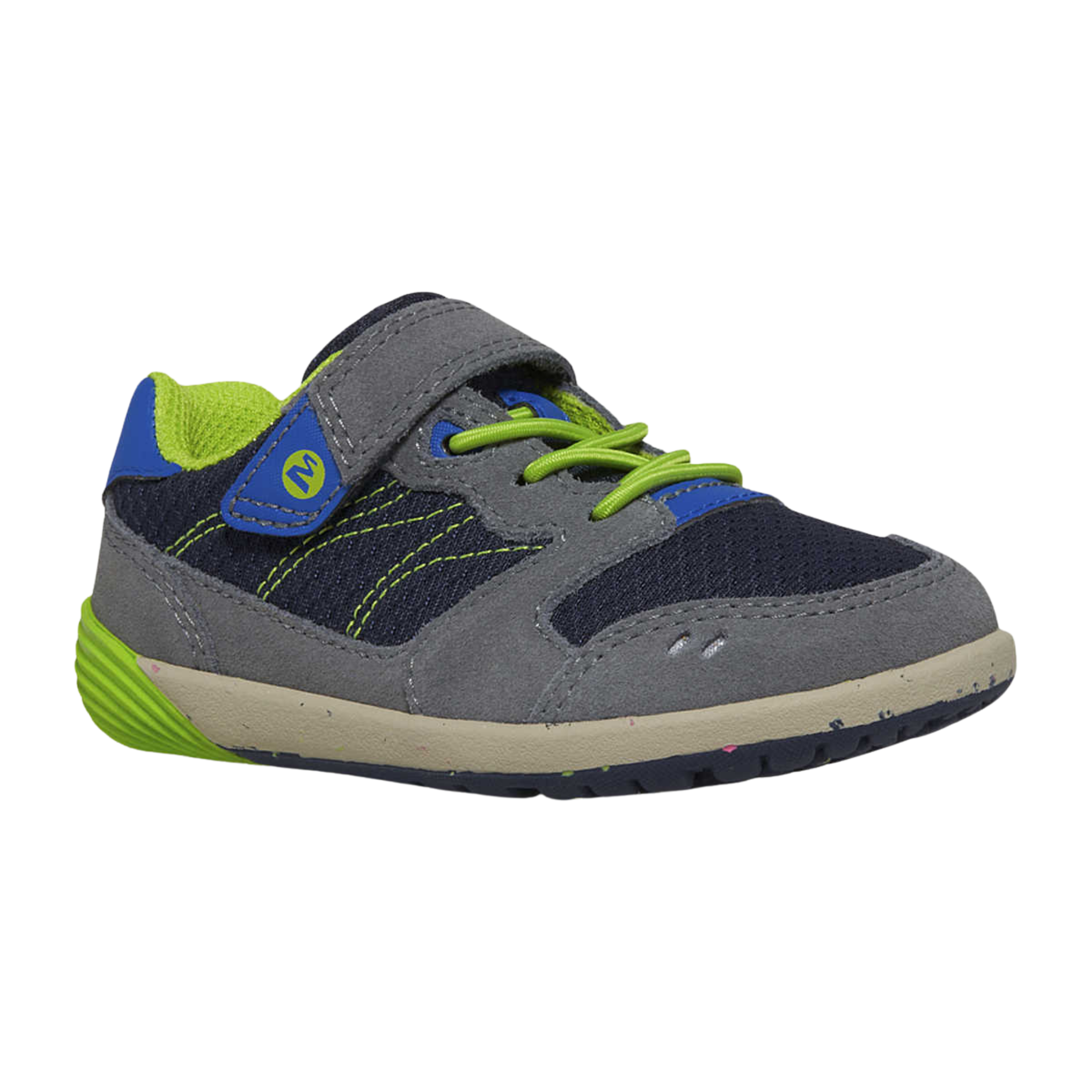 Merrell Bare Steps A83 Toddler Sneaker in Navy / Green with extra-wide toe box and rounded outsole edges designed for developing feet