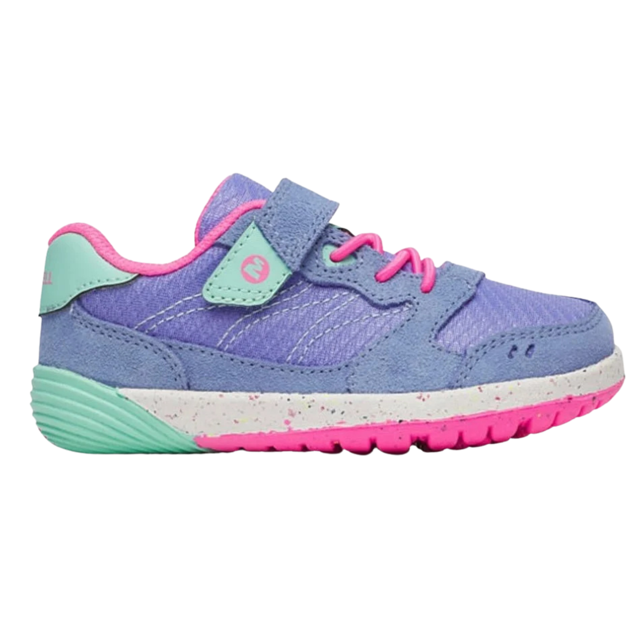 Merrell Bare Steps A83 Toddler Sneakers in Periwinkle with extra-wide toe box, leather and mesh upper, hook-and-loop closure and flexible rubber outsole