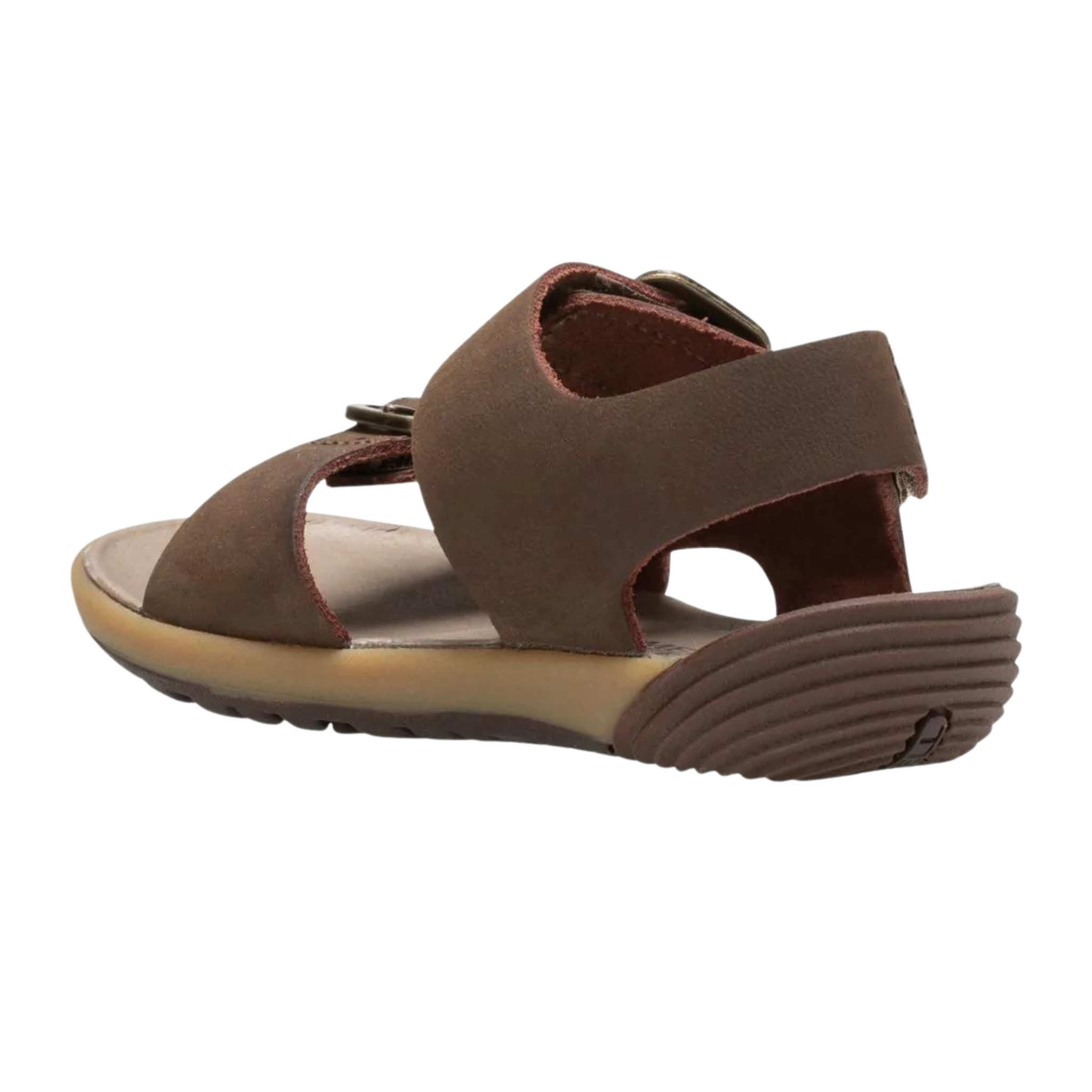 Rear view of Merrell Bare Steps Toddler Sandals in Brown with soft unlined leather uppers and flexible toddler-friendly construction