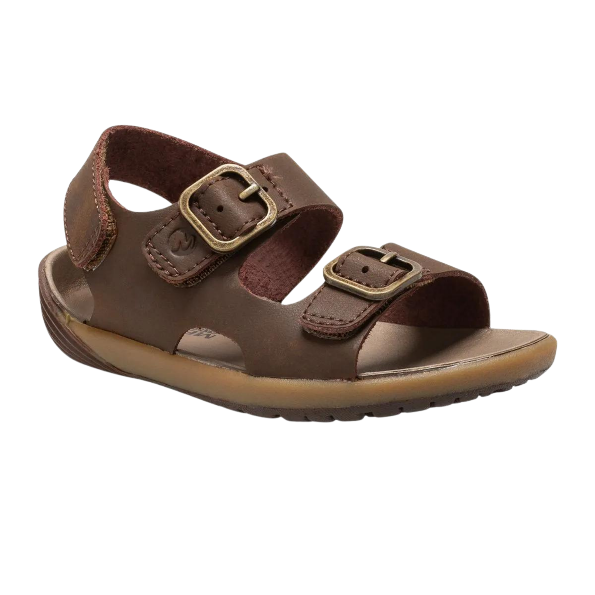 Side view of Merrell Bare Steps Toddler Sandal in Brown with premium soft leather upper, adjustable closure and flexible rounded outsole