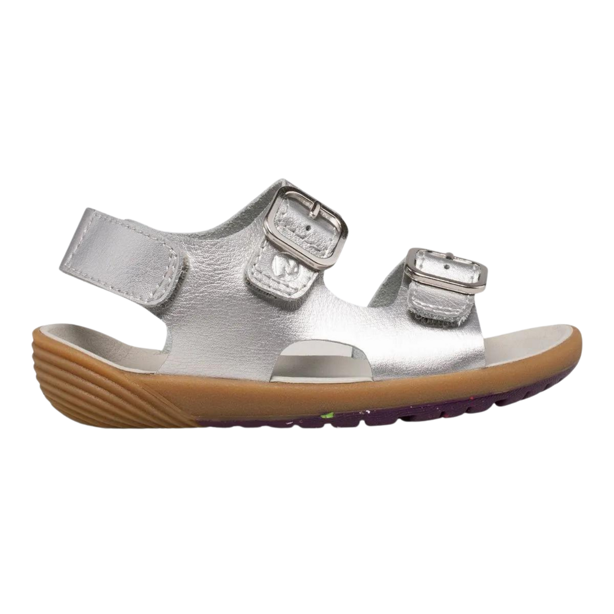 Merrell Bare Steps Toddler Sandals in Silver / Argento with extra-wide toe shape, soft leather upper, adjustable closure and flexible recycled-content outsole