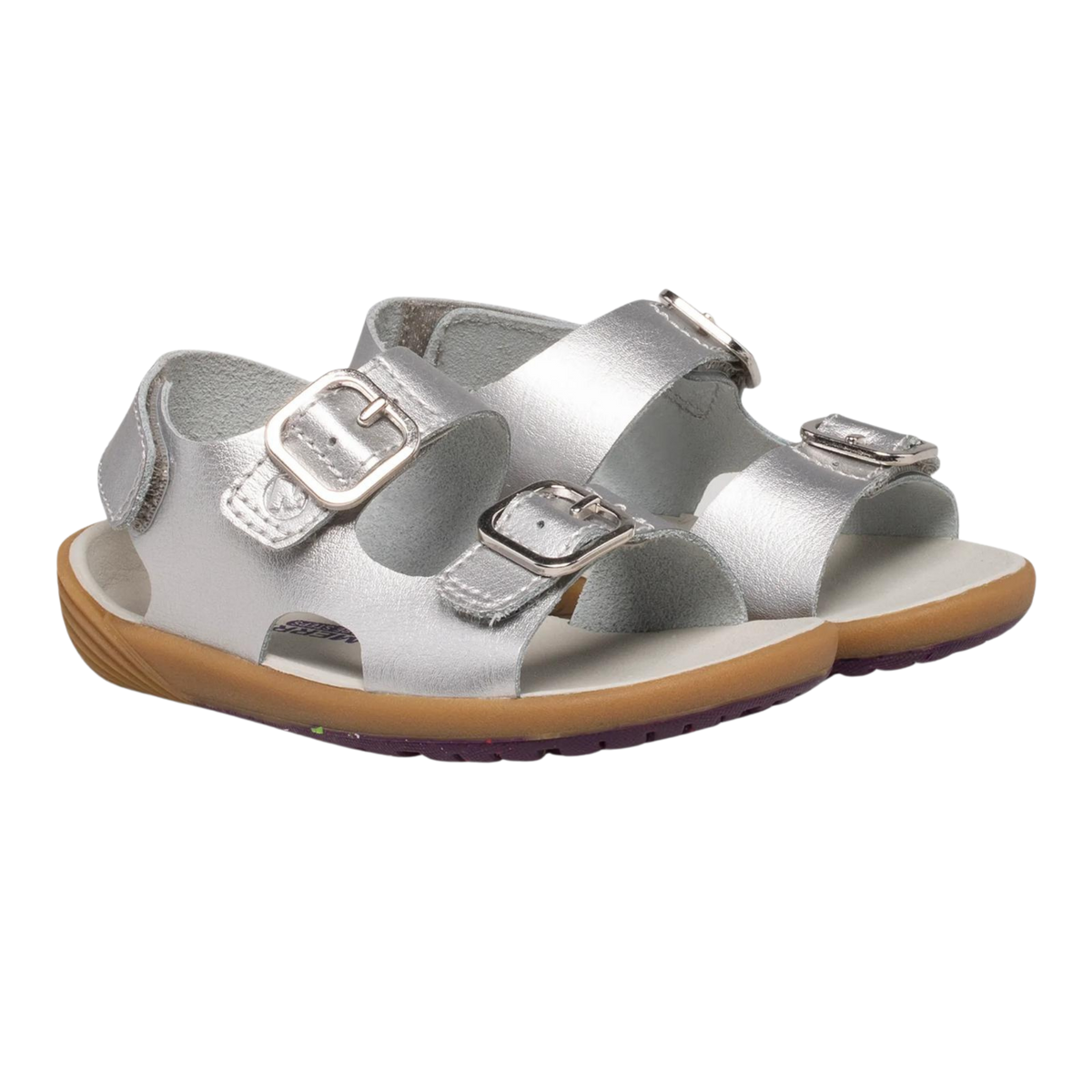 Front view of Merrell Bare Steps Toddler Sandals in Silver / Argento with extra-wide toe shape, rounded outsole edges and water-ready construction