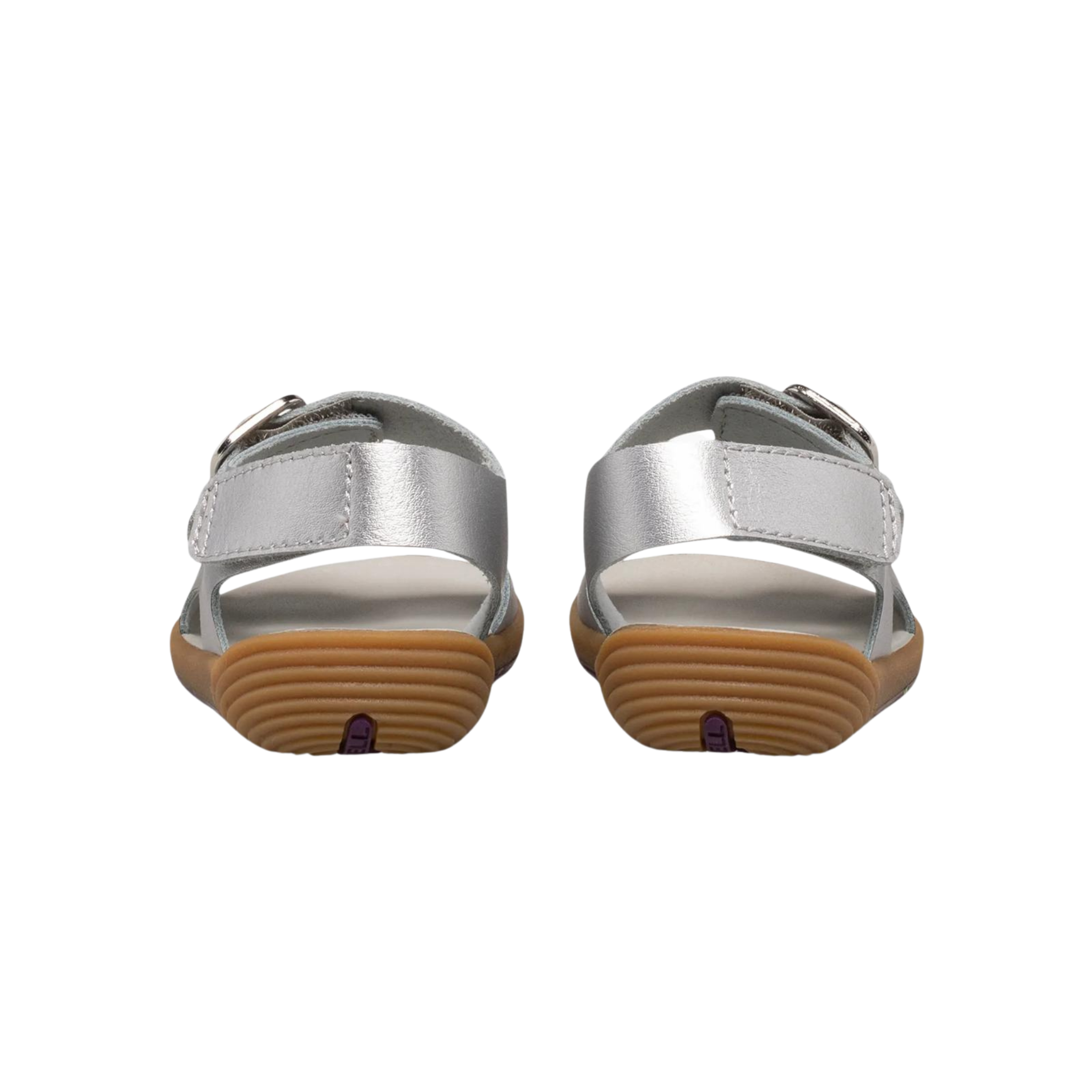 Rear view of Merrell Bare Steps Toddler Sandals in Silver / Argento with soft unlined leather uppers and flexible toddler-friendly construction