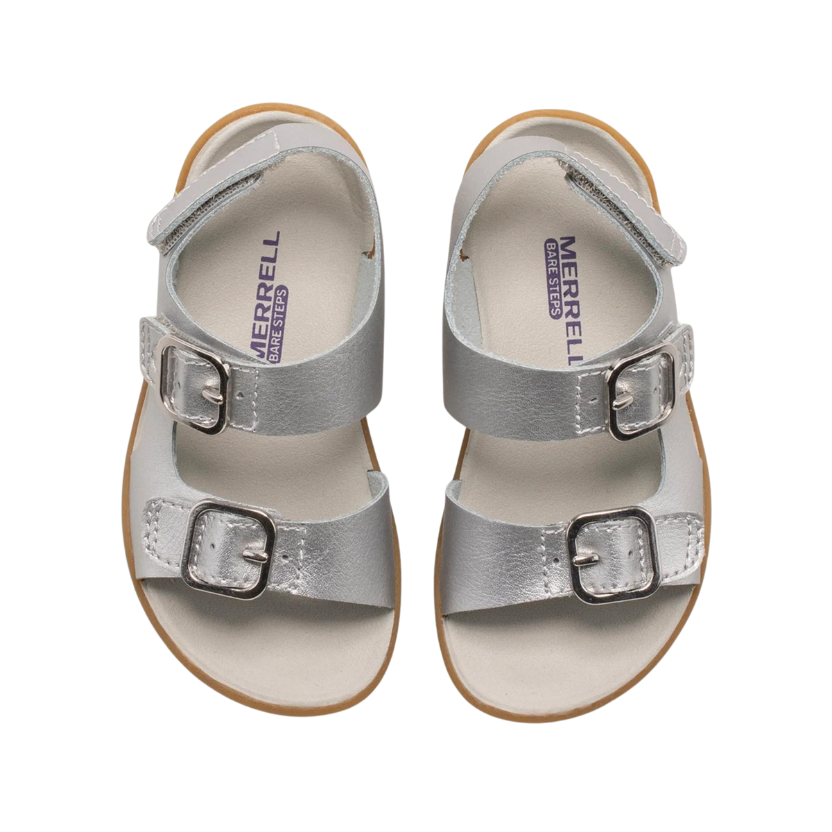 Top view of Merrell Bare Steps Toddler Sandal in Silver / Argento showing extra-wide toe shape and adjustable closure for a secure comfortable fit