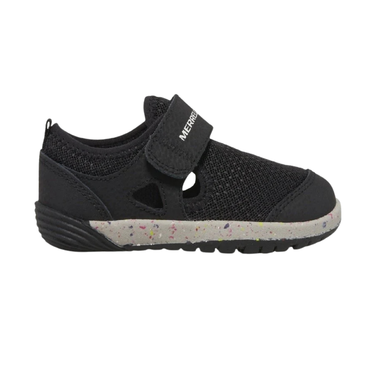 Merrell Bare Steps Toddler Water Shoes in Black with extra-wide toe box, flexible barefoot feel, easy closure and recycled rubber outsole
