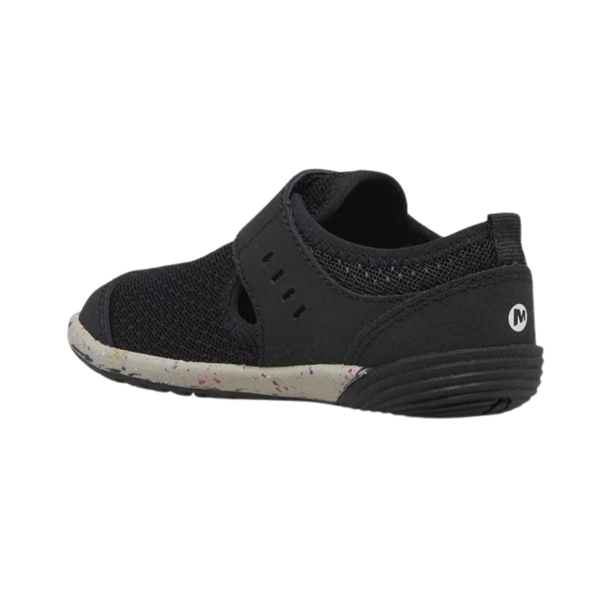 Rear view of Merrell Bare Steps Toddler Water Shoes in Black with flexible water-ready construction for active summer play
