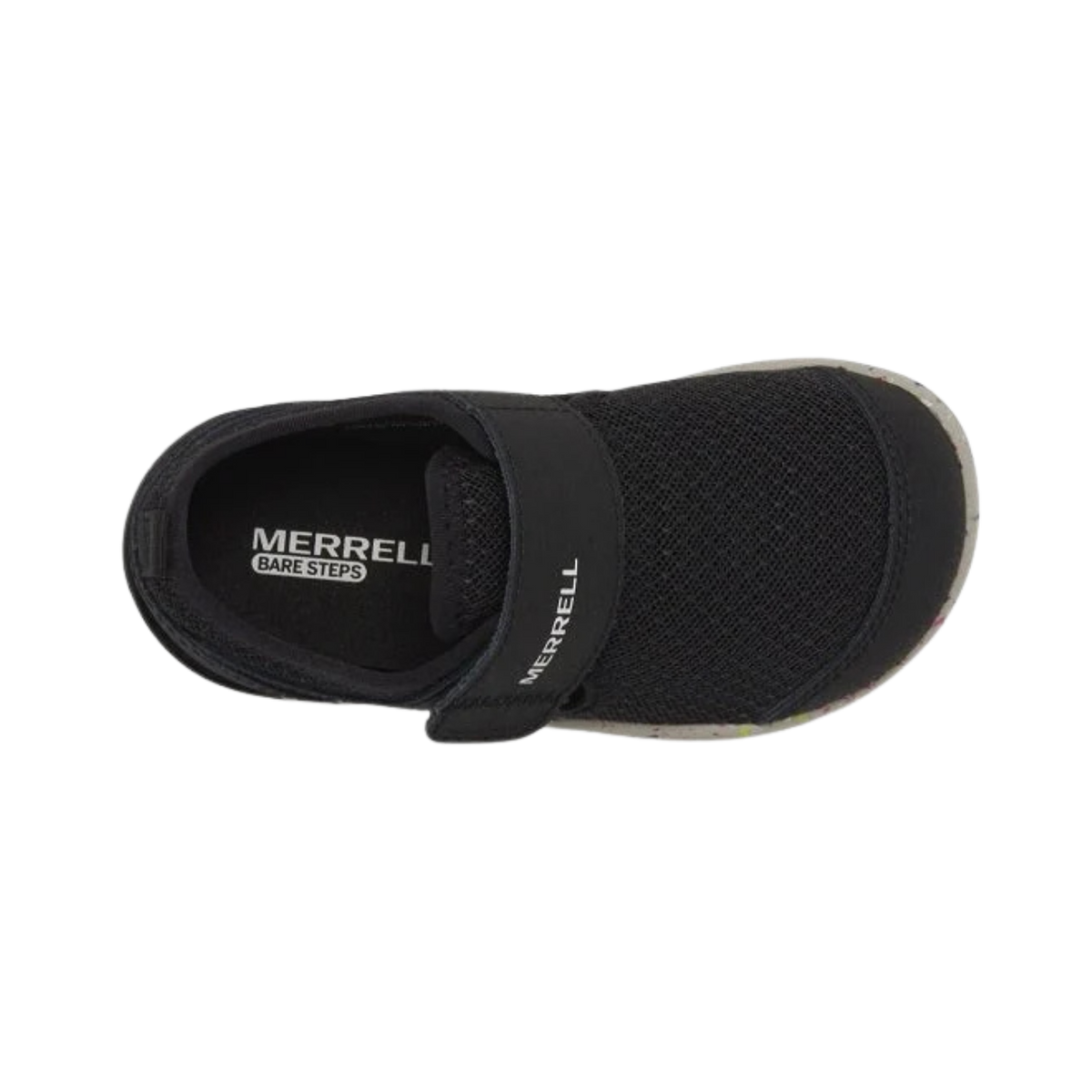 Top view of Merrell Bare Steps Toddler Water Shoe in Black showing extra-wide toe box and convenient adjustable closure