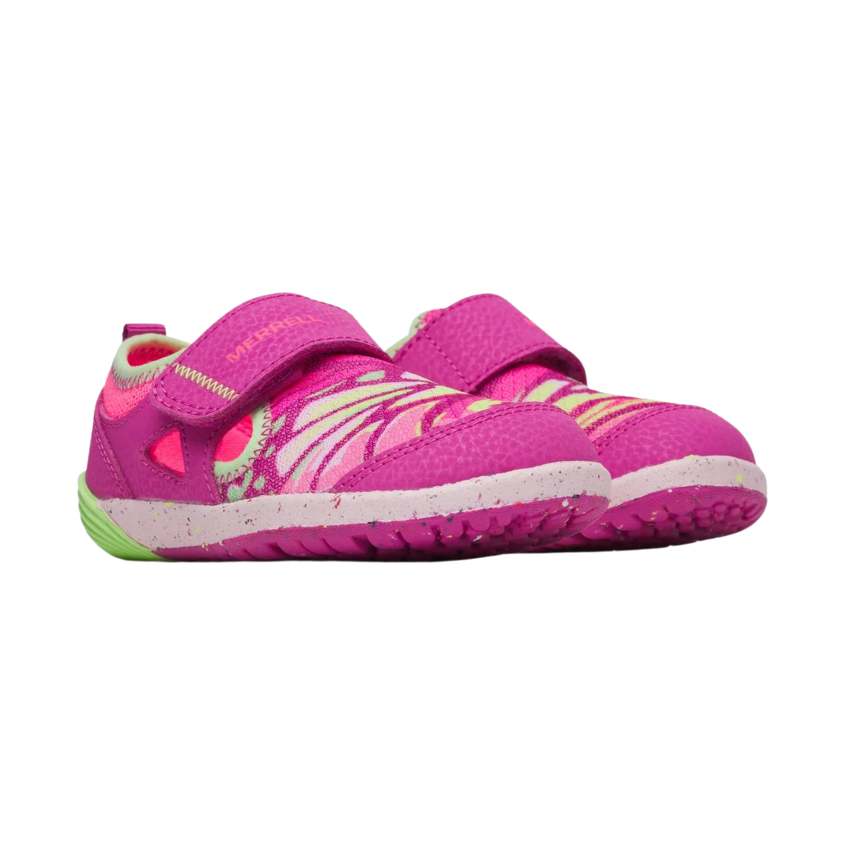 Front view of Merrell Bare Steps Toddler Water Shoes in Butterfly design with extra-wide toe box designed to give growing toes room to move naturally