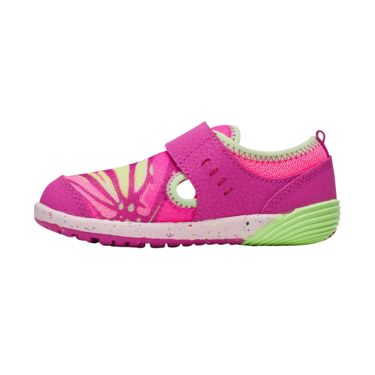 Side view of Merrell Bare Steps Toddler Water Shoe in Butterfly design with rounded outsole edges, flexible construction and barefoot-inspired design