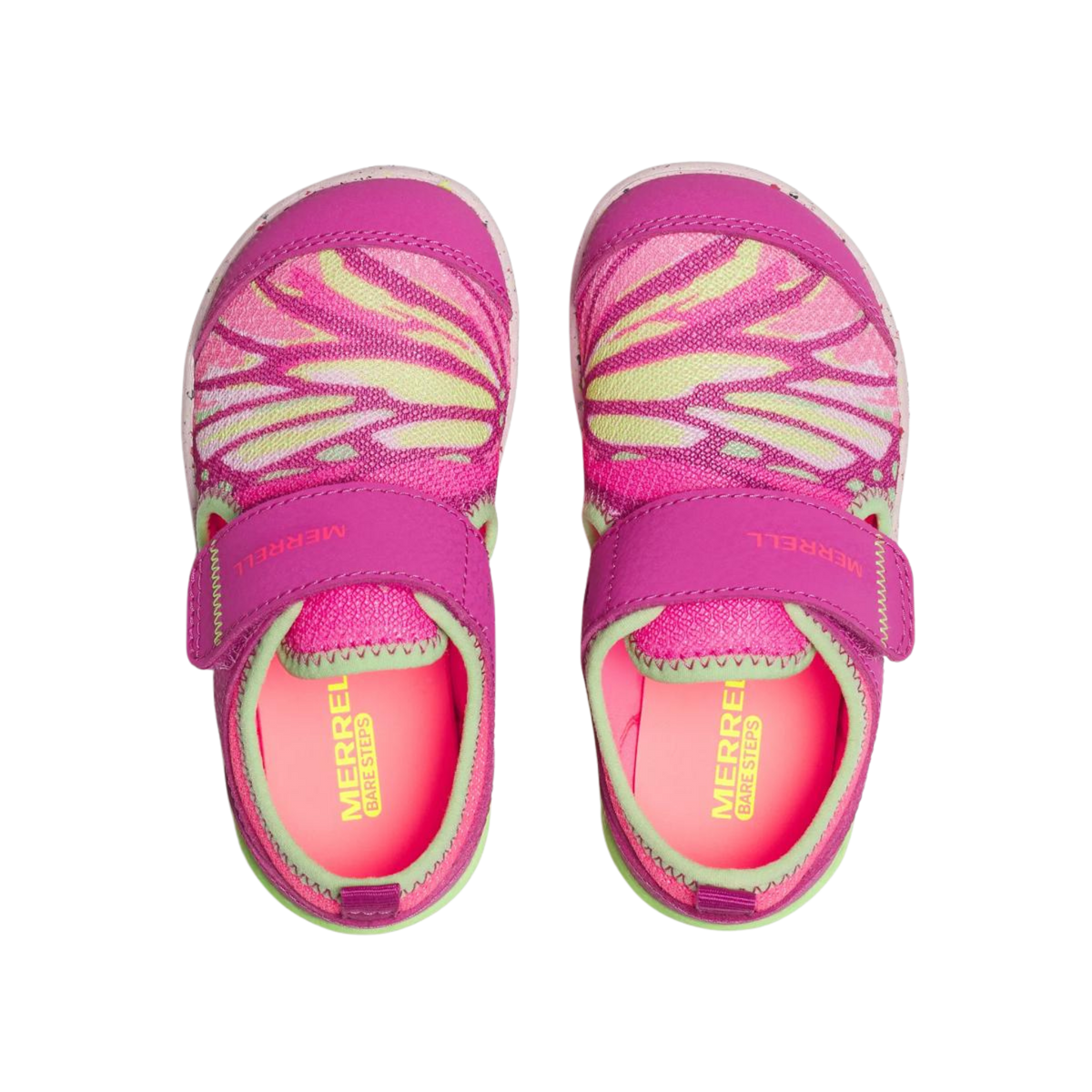 Top view of Merrell Bare Steps Toddler Water Shoe in Butterfly design showing extra-wide toe box and convenient adjustable closure
