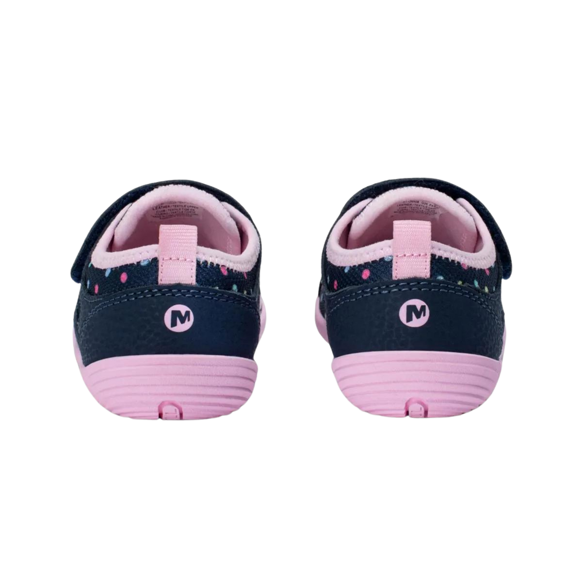 Rear view of Merrell Bare Steps Toddler Water Shoes in Navy / Multi with flexible water-ready construction for active summer play