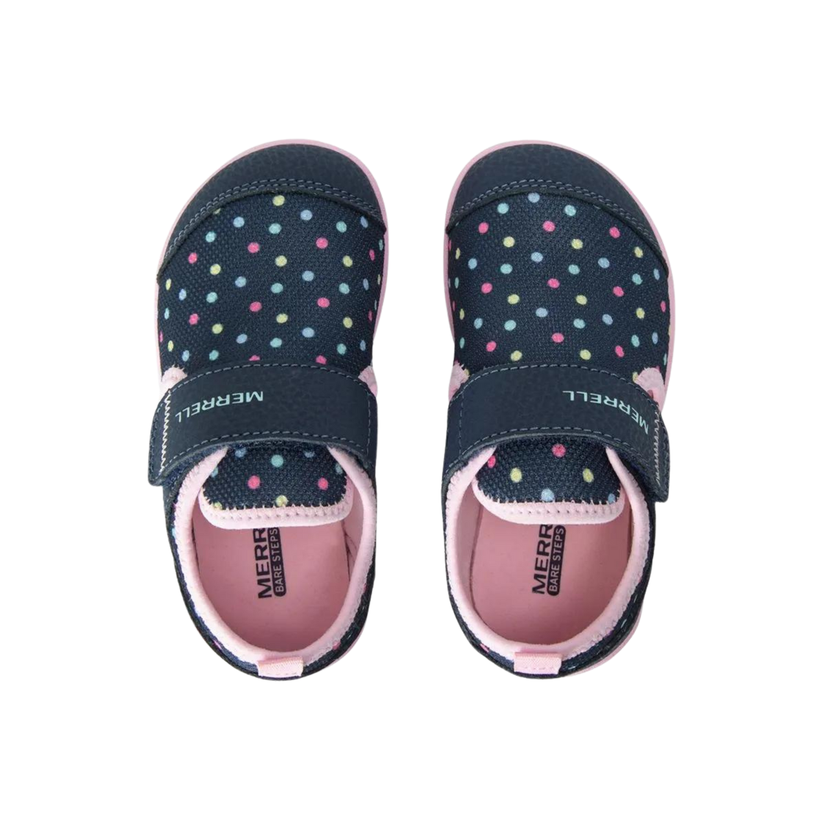 Top view of Merrell Bare Steps Toddler Water Shoe in Navy / Multi showing extra-wide toe box and convenient adjustable closure