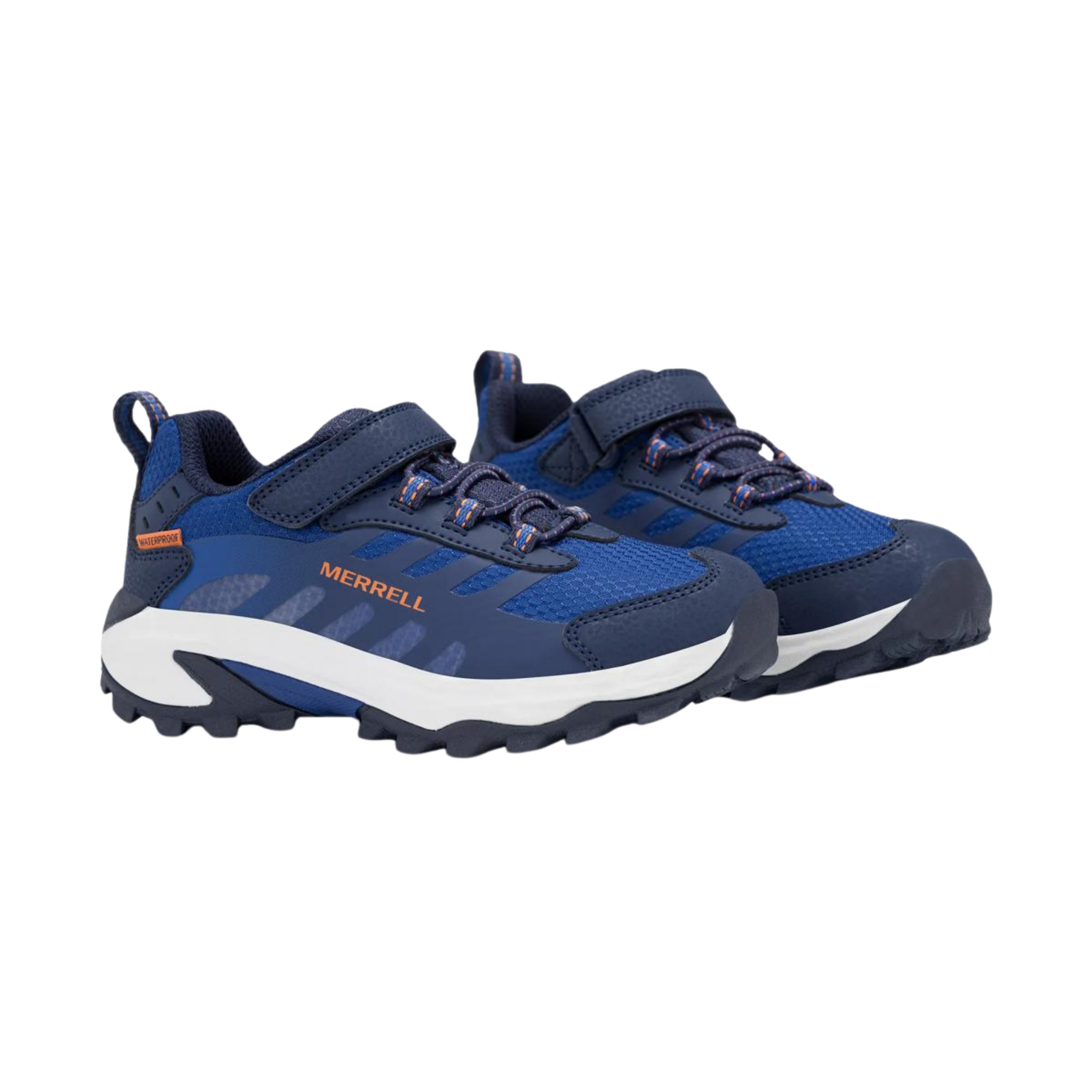 Front view of Merrell Big Kids Moab Speed 2 Waterproof shoes in Blue / Navy with elastic laces, hook-and-loop closure and breathable mesh uppers