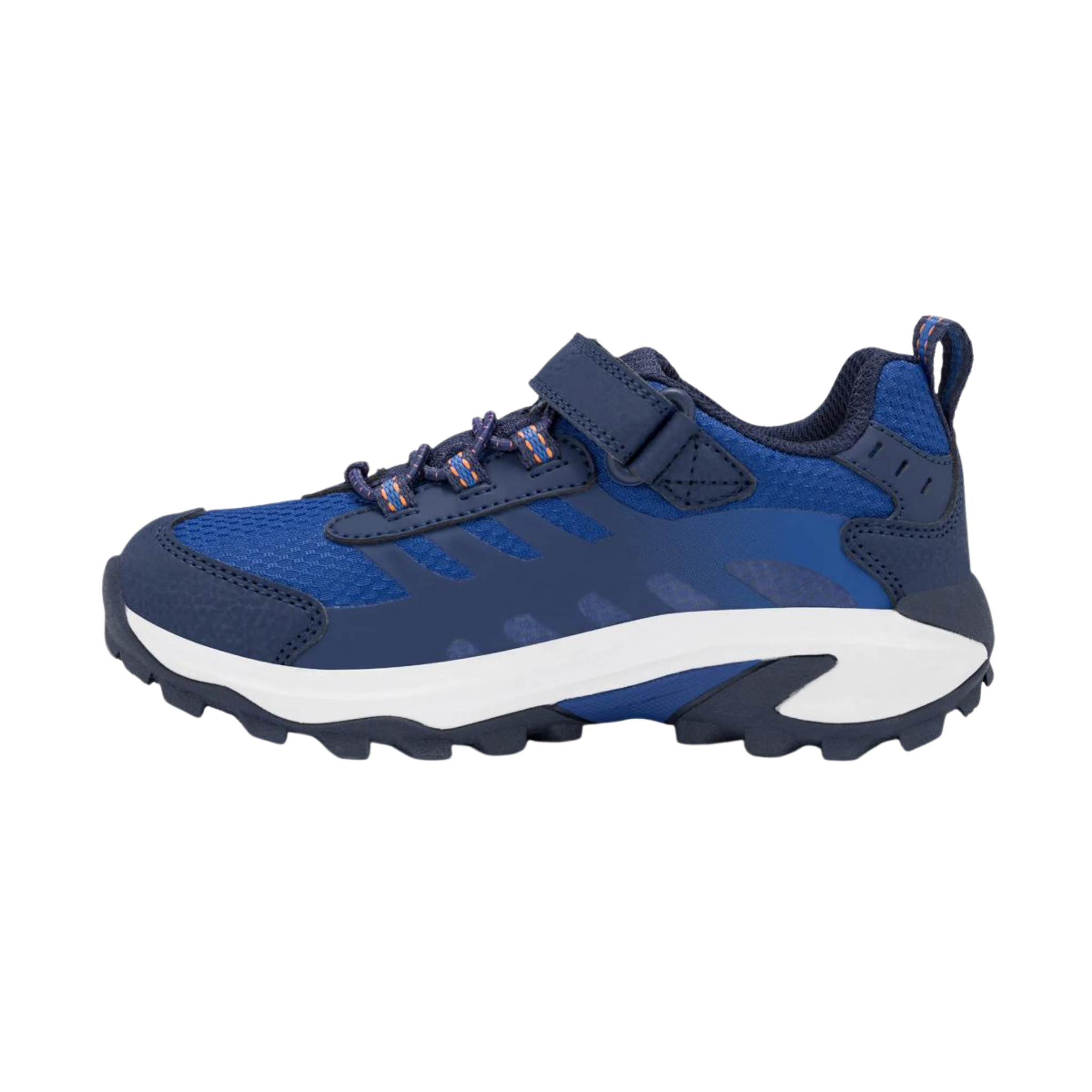 Side view of Merrell Big Kids Moab Speed 2 Low A/C Waterproof shoe in Blue / Navy with synthetic mesh upper, cushioned EVA midsole and trail-ready outsole