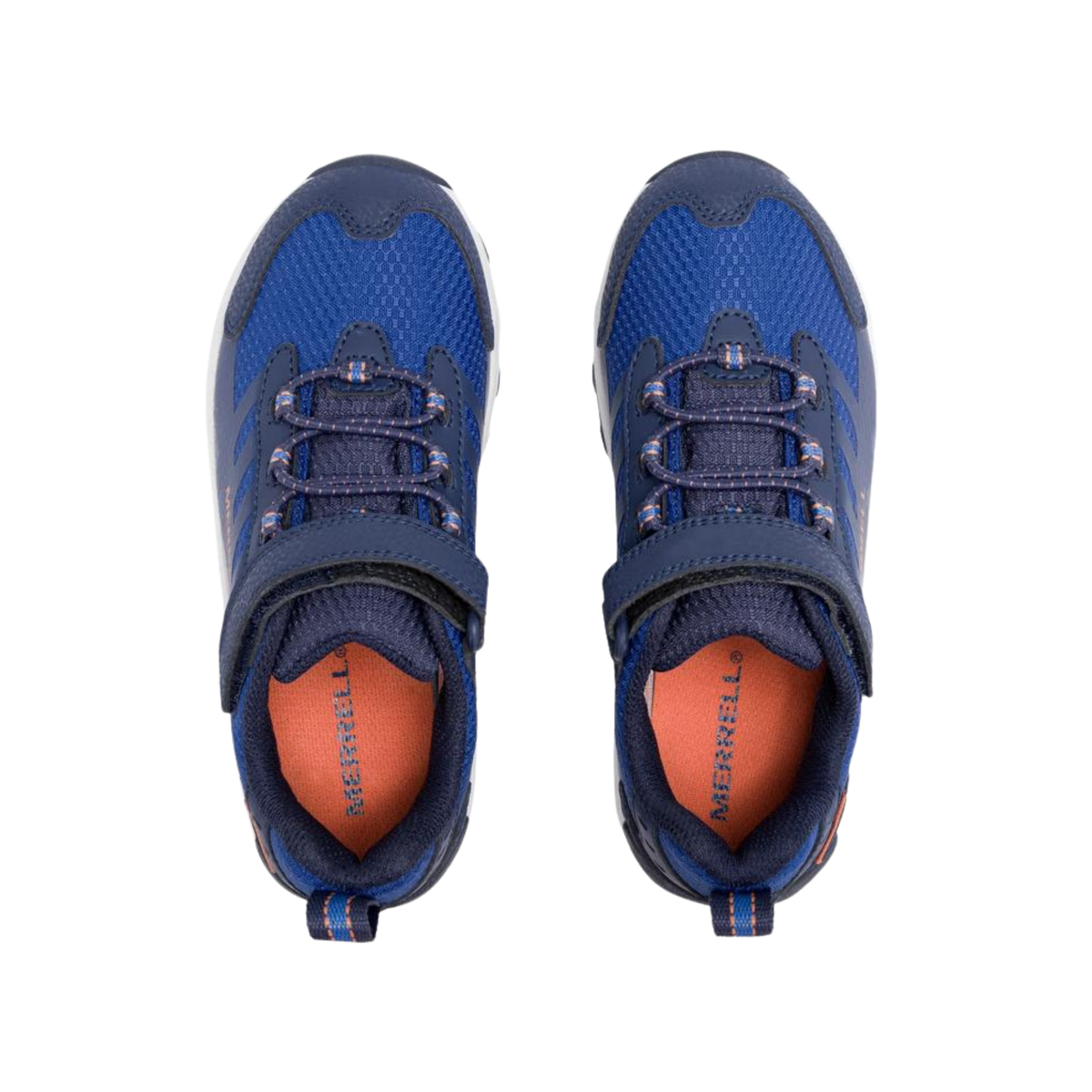 Top view of Merrell Big Kids Moab Speed 2 Waterproof shoe in Blue / Navy with elastic laces and adjustable hook-and-loop closure