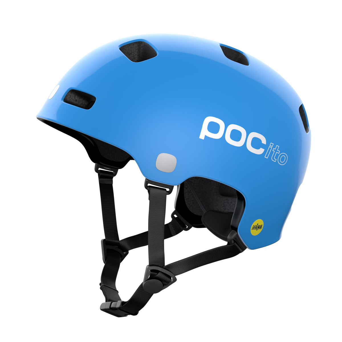 POCito Crane MIPS kids bike helmet in Fluorescent Blue with MIPS protection, durable polycarbonate shell, turnwheel fit adjustment and reflective details