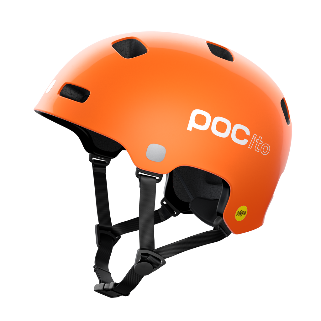 POCito Crane MIPS kids bike helmet in Fluorescent Orange with MIPS protection, durable polycarbonate shell, turnwheel fit adjustment and reflective details
