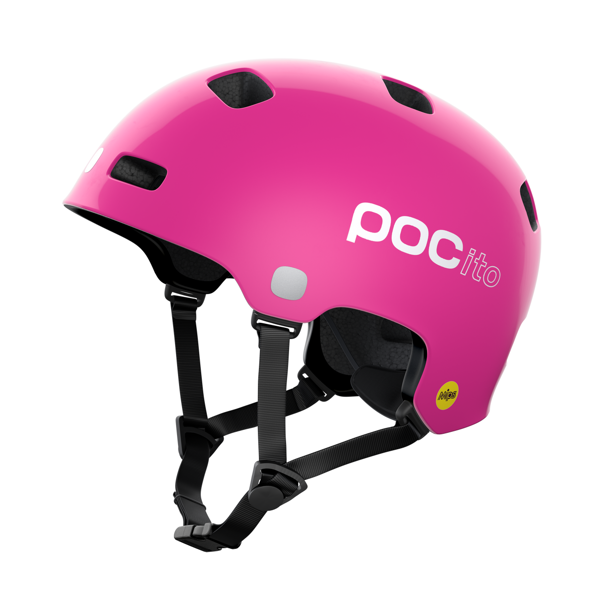 POCito Crane MIPS kids bike helmet in Fluorescent Pink with MIPS protection, durable polycarbonate shell, turnwheel fit adjustment and reflective details