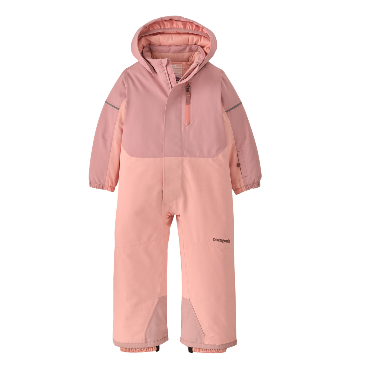Patagonia Baby Snow Pile One-Piece snowsuit in Fuzzy Mauve with H2No waterproof shell, 100-g Thermogreen insulation, Grow-Fit and snow gaiters