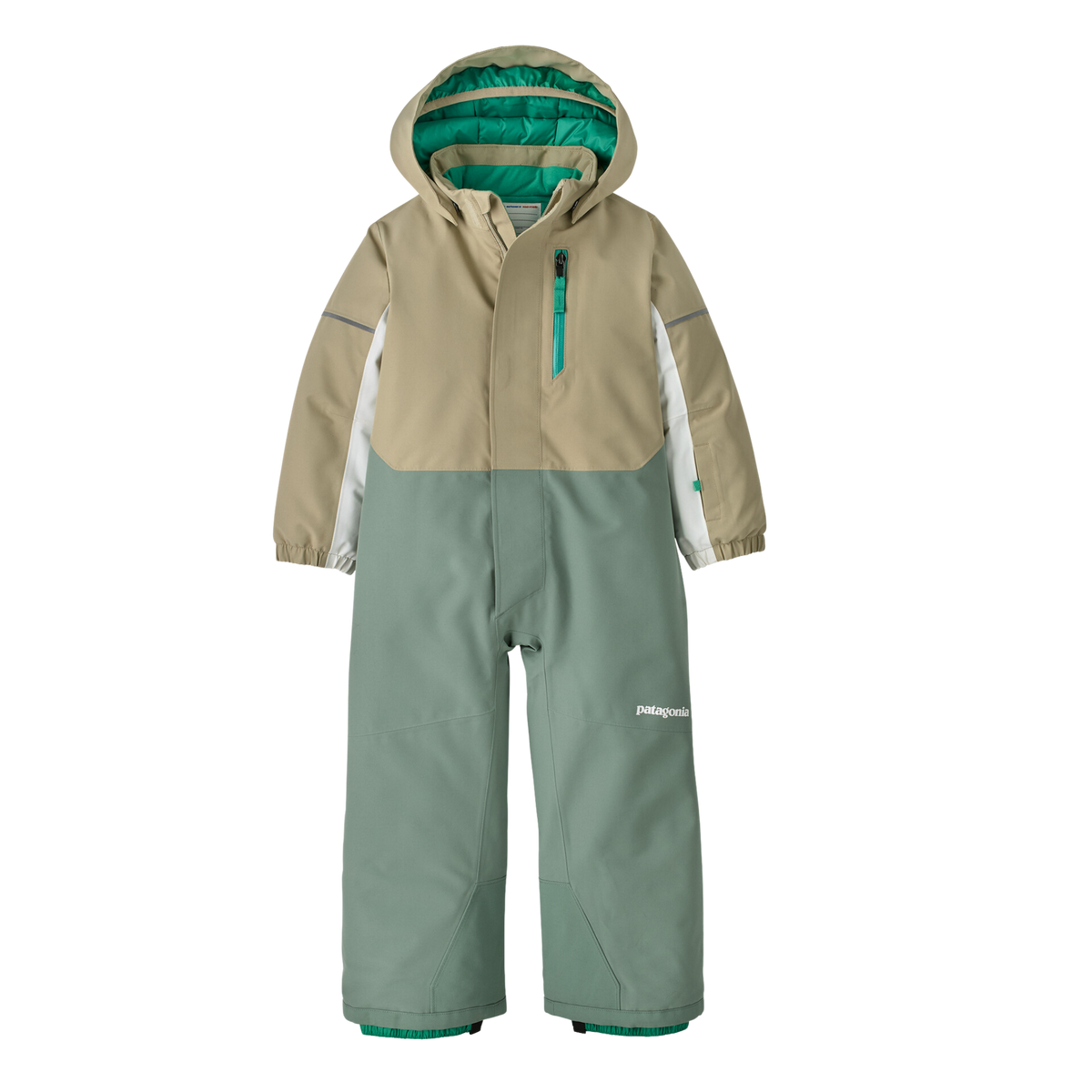 Patagonia Baby Snow Pile One-Piece snowsuit in Weathered Stone color with H2No waterproof shell, 100-g Thermogreen insulation, Grow-Fit and snow gaiters