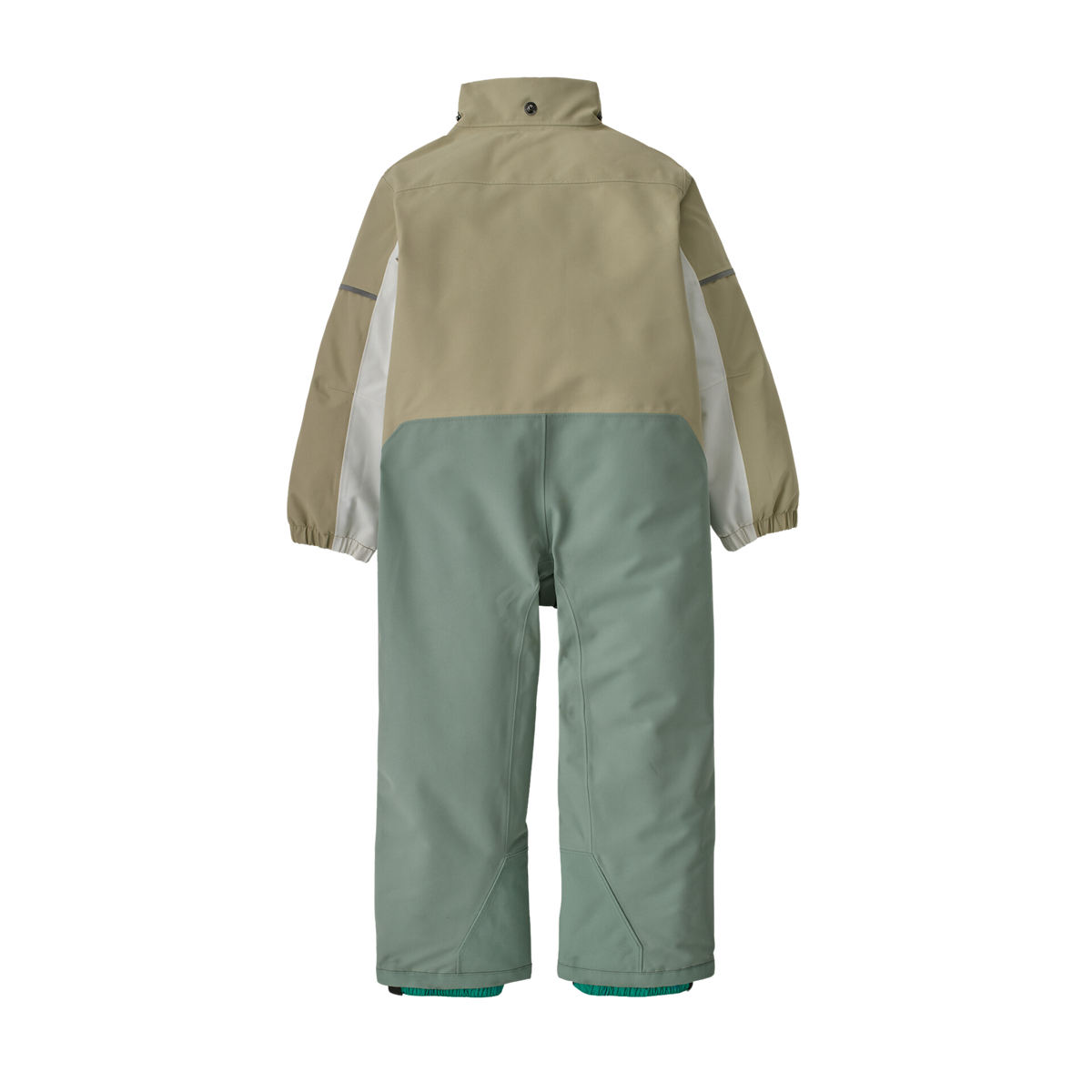 Rear view of Patagonia Baby Snow Pile One-Piece in Weathered Stone color with 100-g Thermogreen insulation and durable recycled polyester shell