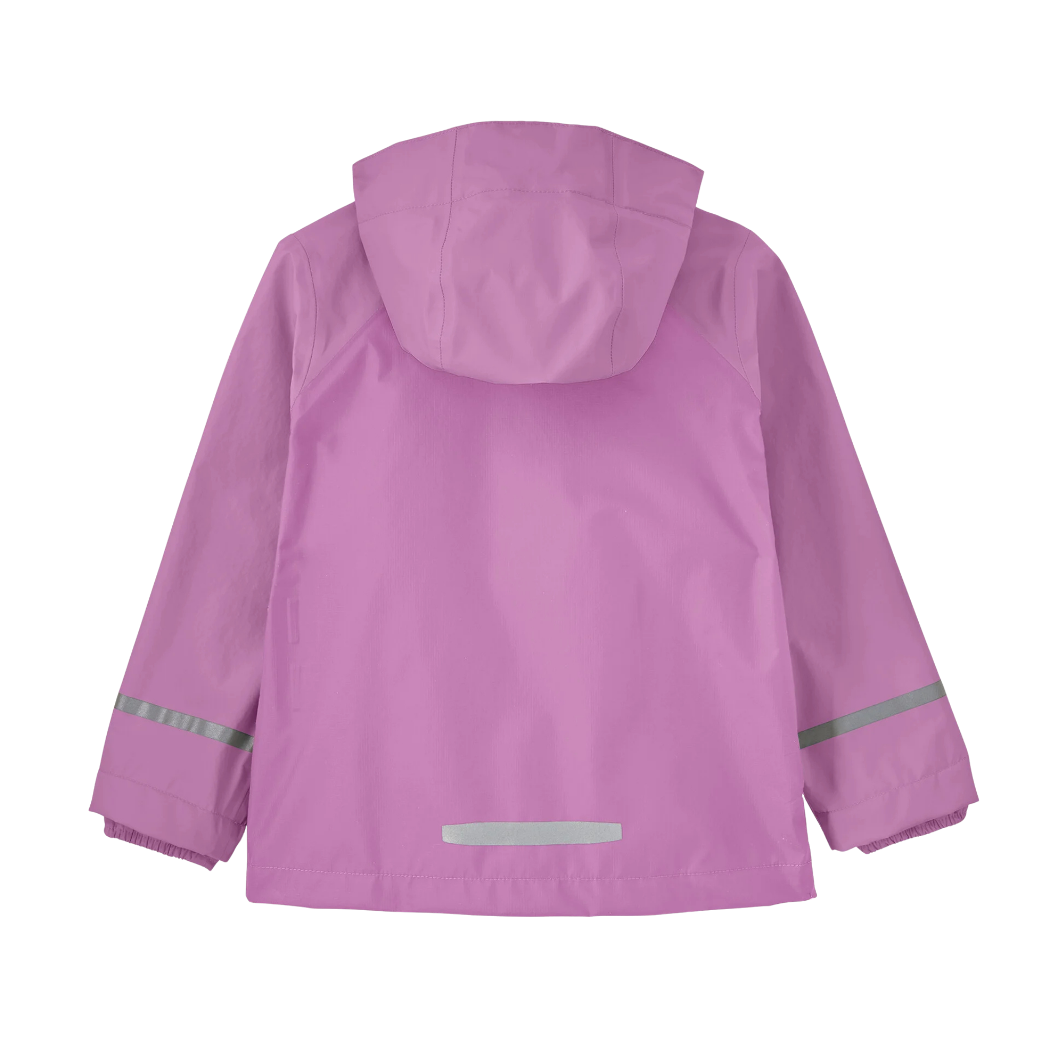 Rear view of Patagonia Baby Torrentshell 3L Rain Jacket in Brisk Purple colo with H2No 3-layer waterproof breathable construction