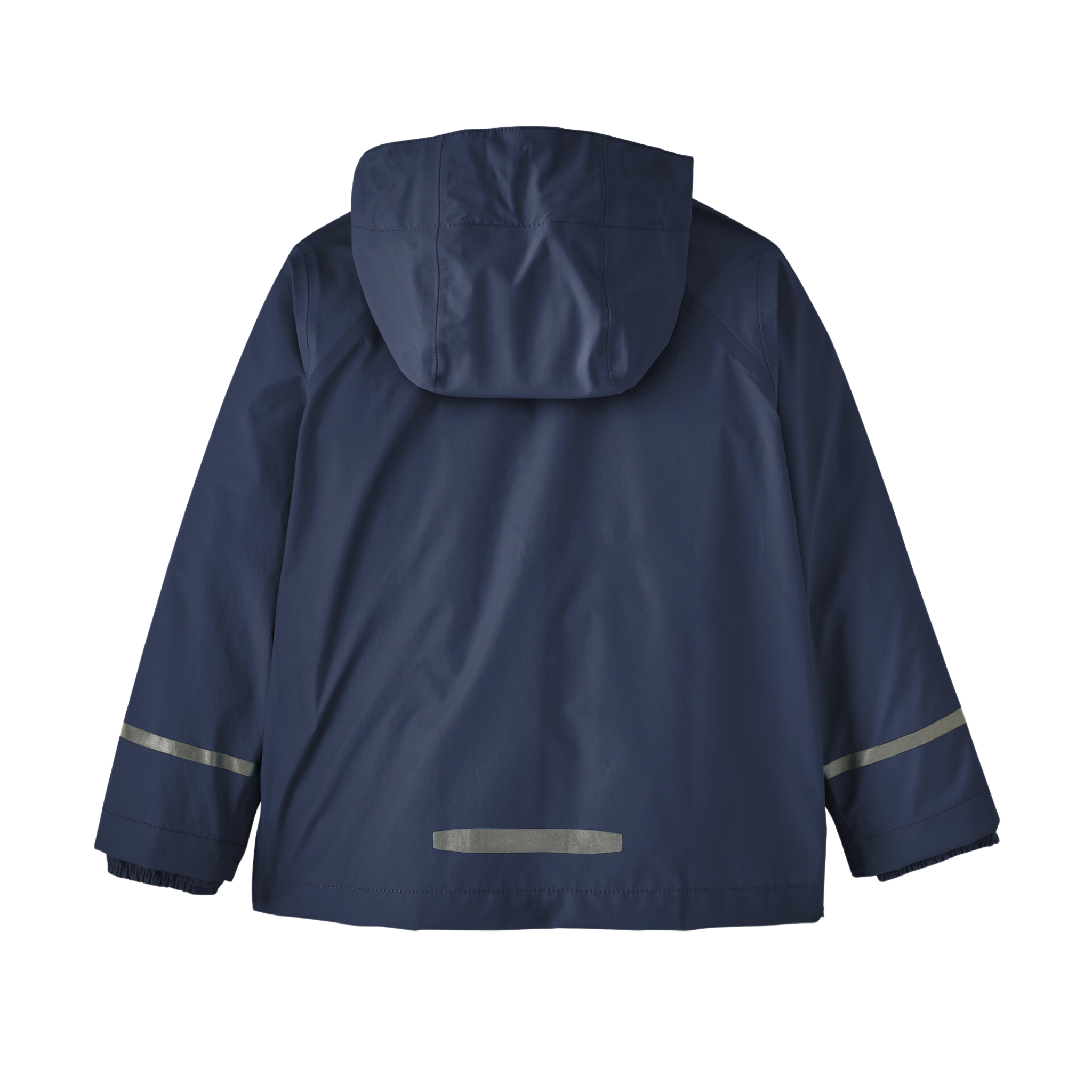 Rear view of Patagonia Baby Torrentshell 3L Rain Jacket in New Navy color with H2No 3-layer waterproof breathable construction