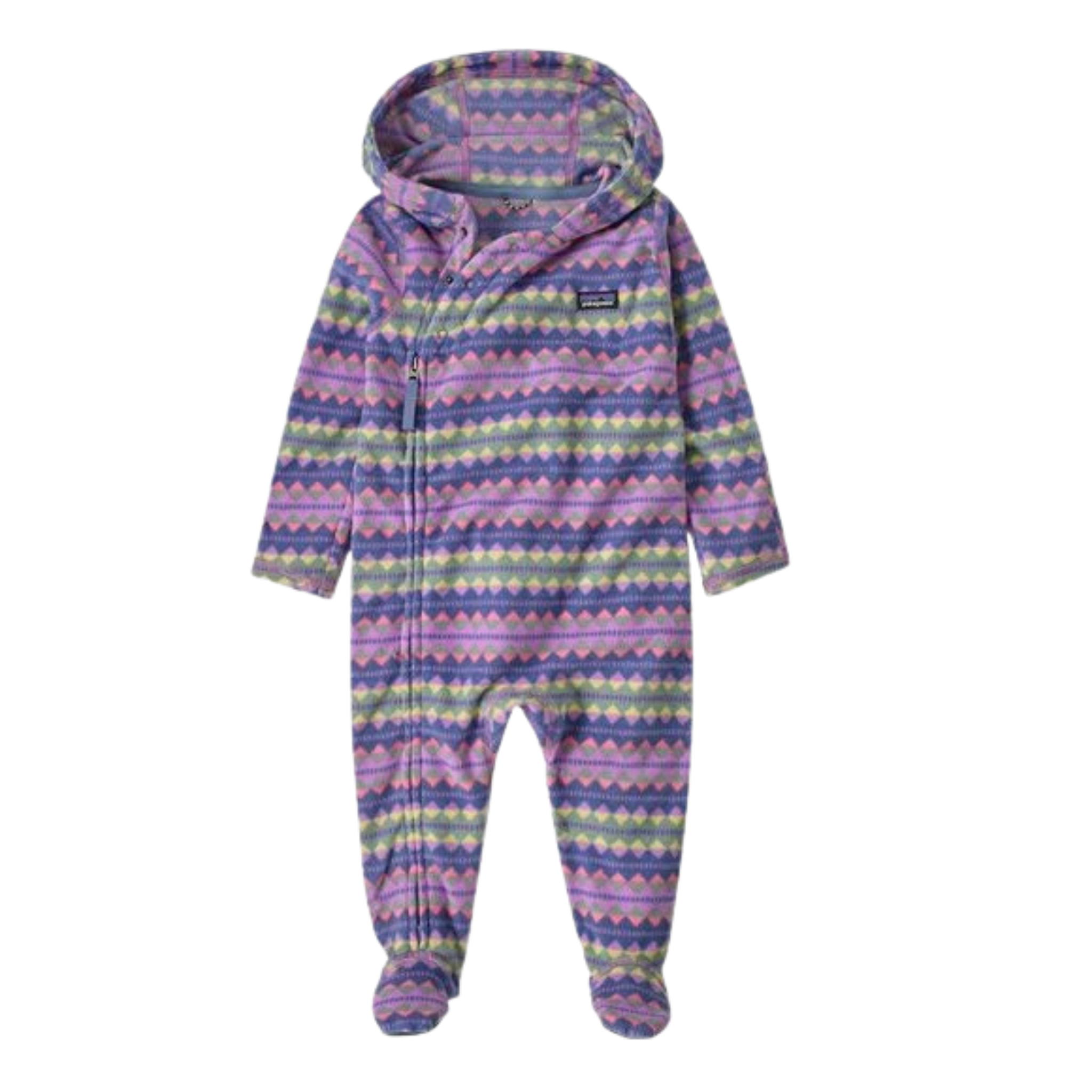 Patagonia Infant Micro D Bunting in Diamond Stripe: Brisk Purple design with 100% recycled polyester microdenier fleece, three-panel hood, covered feet and convertible mitts