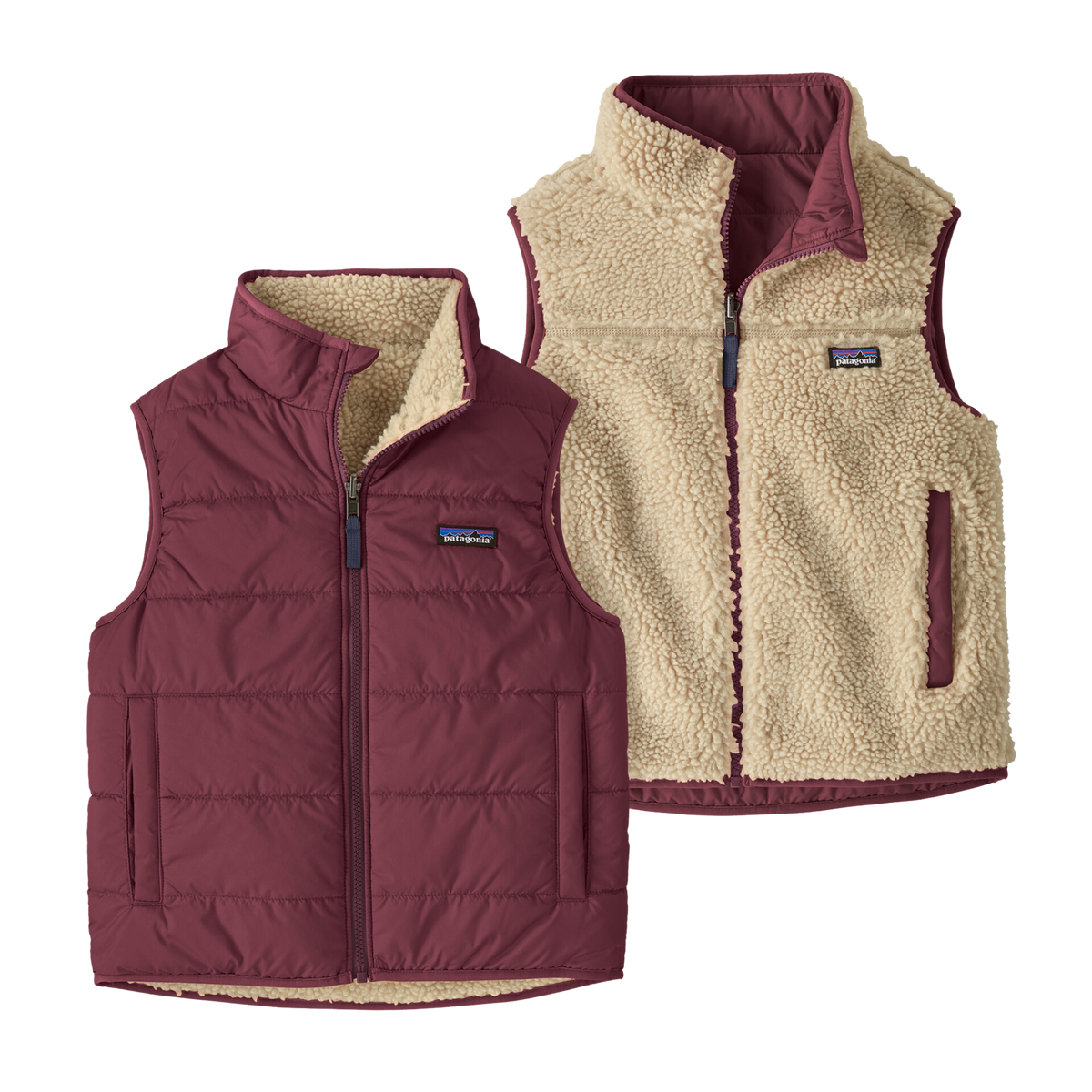 Patagonia Kids Reversible Ready Freddy Vest in Berry Fig with water-resistant quilted shell, recycled fleece reverse and 60-g Thermogreen insulation