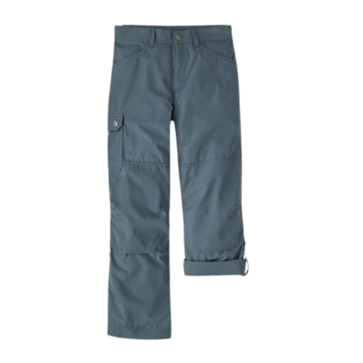 Patagonia Kids Durable Hike Pants rolled to midcalf and secured with integrated tab and button for stream crossings