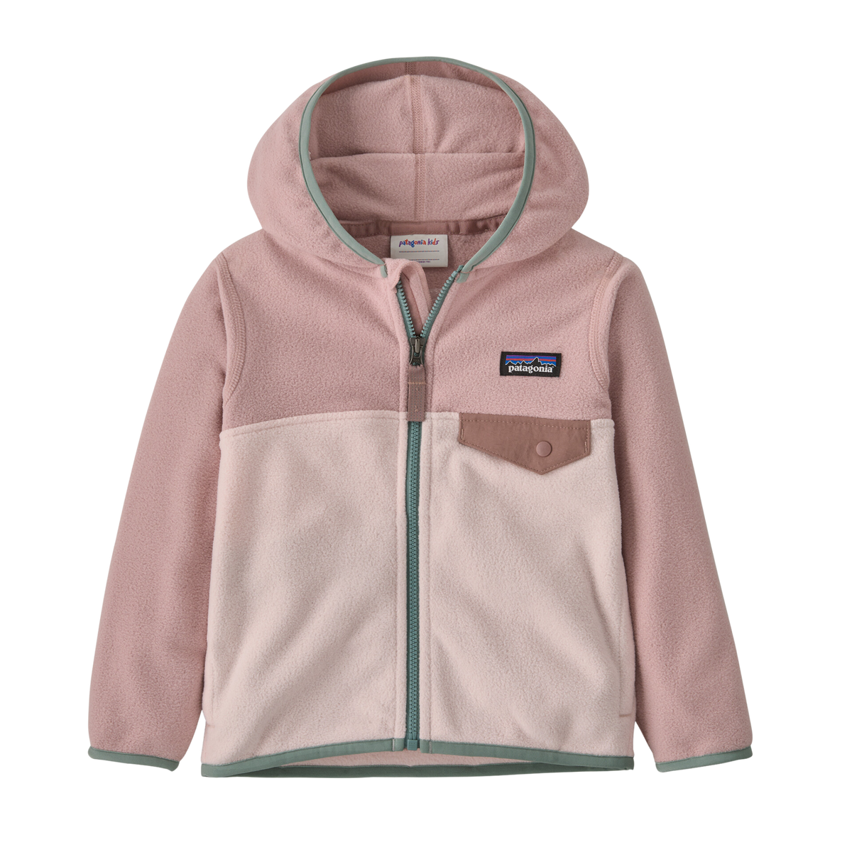 Patagonia Kids Micro D Snap-T Jacket in Pink Frost with 100% recycled polyester microdenier fleece, full zipper, hood and snap chest pocket