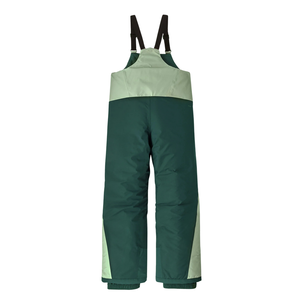 Rear view of Patagonia Kids Powder Town Bibs in Ellwood Green with high-back design, adjustable elastic shoulder straps and insulated construction