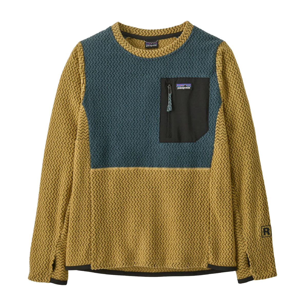 Patagonia Kids R1 Air Crew in Hut Tripper Label: Lynx Tan design with 100% recycled polyester jacquard fleece, hollow-core yarns and breathable quick-drying performance