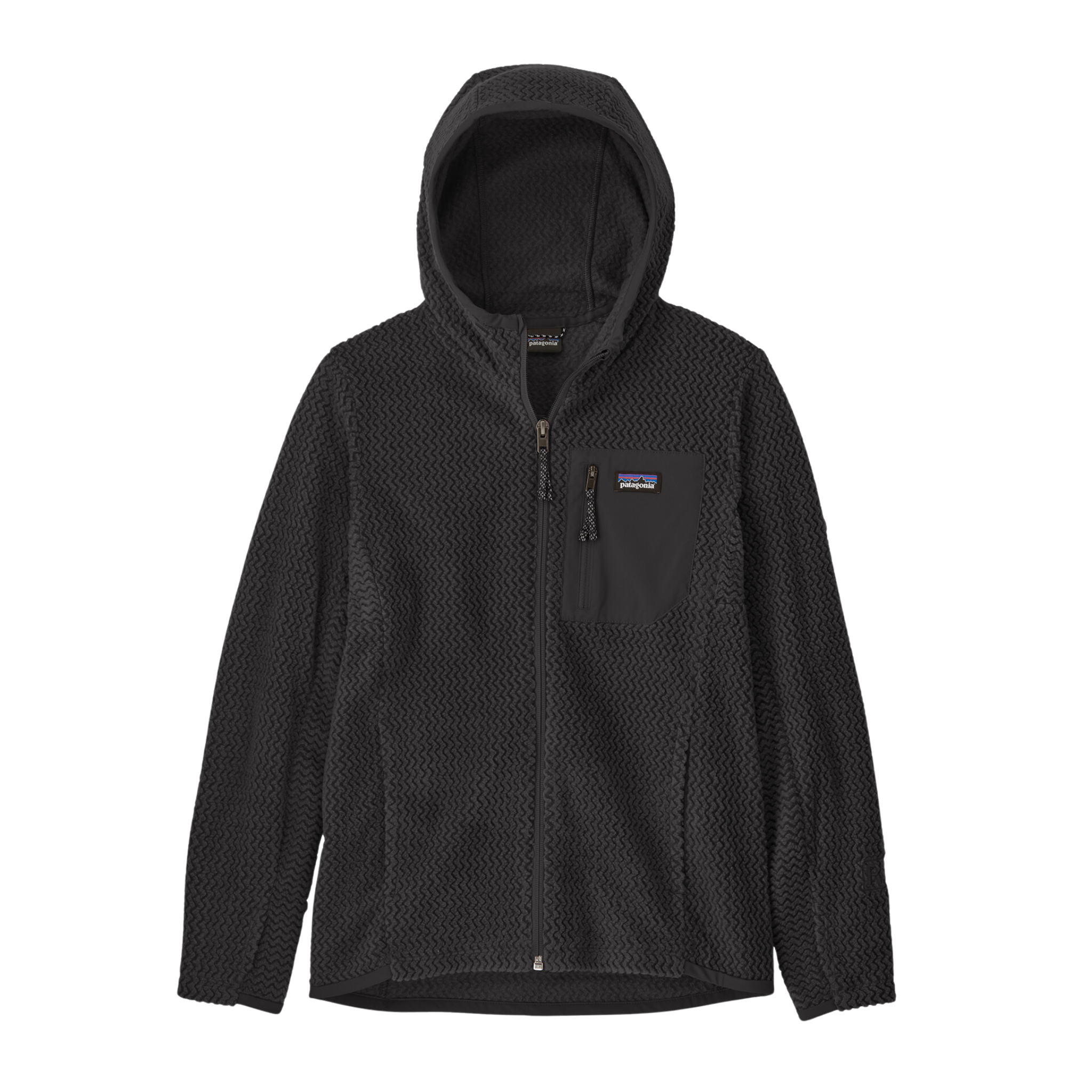 Patagonia Kids R1 Air Full-Zip Hoody in Black with 100% recycled polyester jacquard fleece, three-panel hood and zippered chest pocket