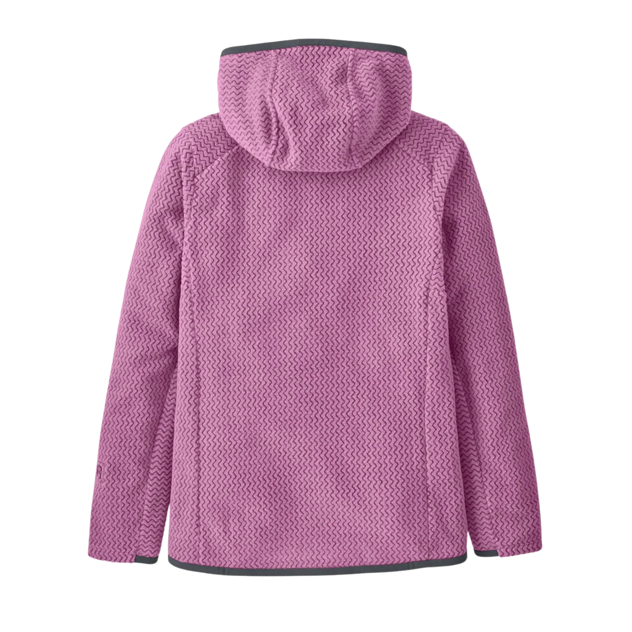 Rear view of Patagonia Kids R1 Air Full-Zip Hoody in Brisk Purple with lightweight quick-drying recycled fleece and close-to-body fit