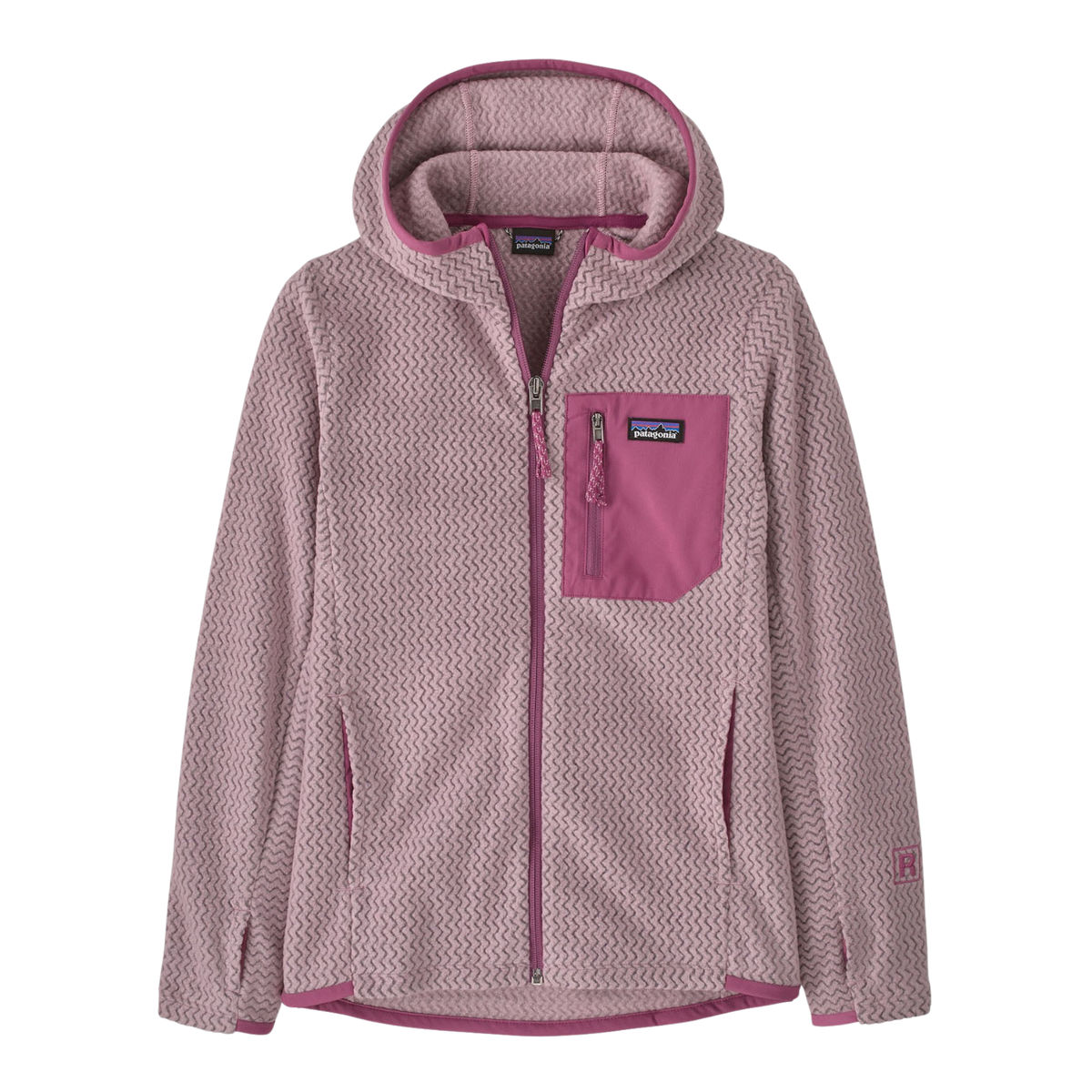Patagonia Kids R1 Air Full-Zip Hoody in Quiet Violet with 100% recycled polyester jacquard fleece, three-panel hood and zippered chest pocket