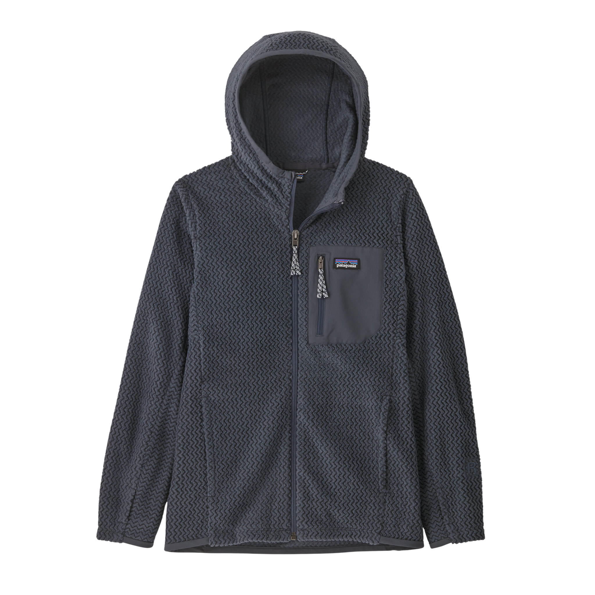 Patagonia Kids R1 Air Full-Zip Hoody in Smolder Blue with 100% recycled polyester jacquard fleece, three-panel hood and zippered chest pocket