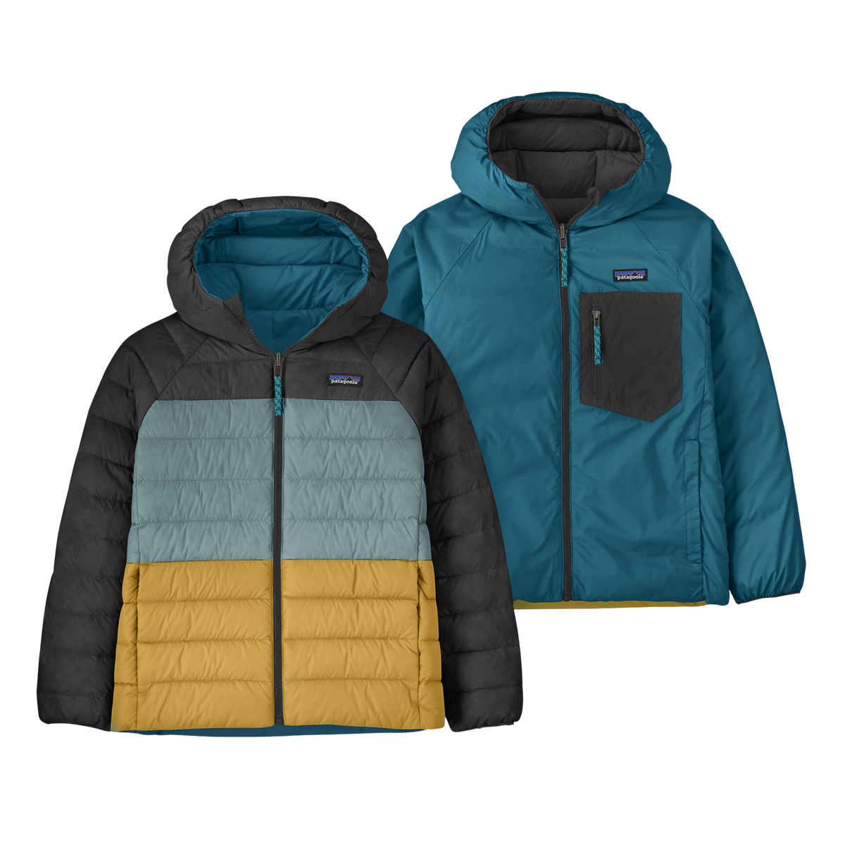 Patagonia Kids Reversible Down Sweater Hoody in Black with 600-fill recycled down, windproof NetPlus recycled nylon shell and three-panel hood