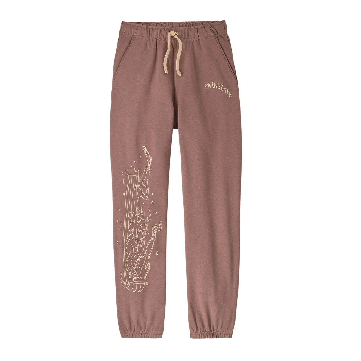 Patagonia Kids Sweatpants in Owlfully Snowy: Moonrise Taupe design with 100% Cotton in Conversion French terry, elastic waistband, adjustable drawcord and elastic cuffs