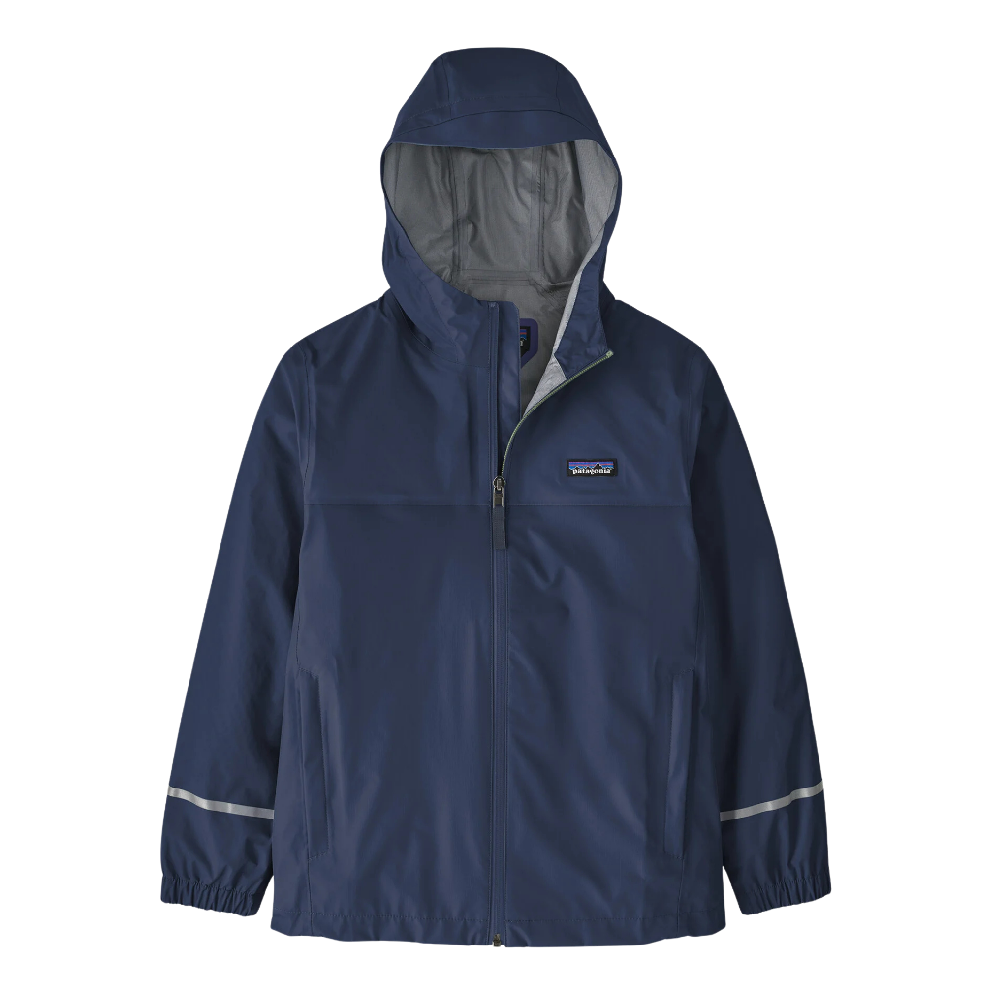 Patagonia Kids Torrentshell 3L Rain Jacket in New Navy color with H2No waterproof breathable shell, 100% recycled face fabric and 230g weight