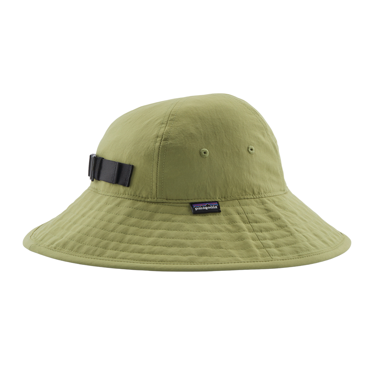 Patagonia Kids Trim Brim Hat in Buckhorn Green with full-brim 40+ UPF sun protection, recycled NetPlus nylon and removable breakaway chin strap