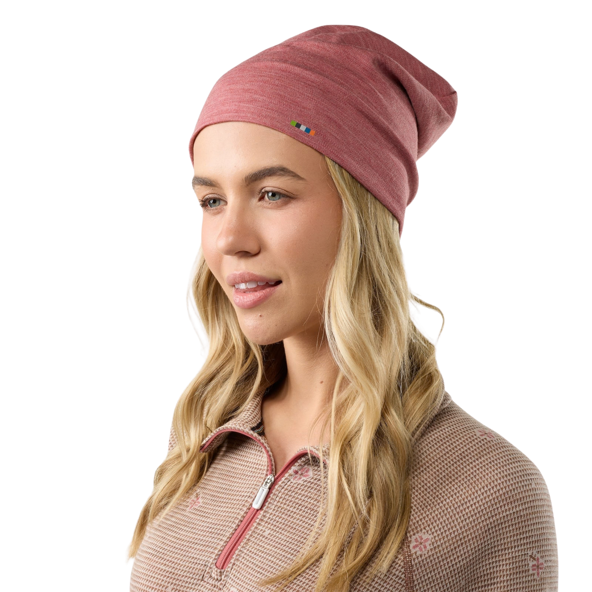 Side view of Smartwool Thermal Merino Reversible Cuffed Beanie in Rosewood Heather with roll cuff providing additional warmth around the ears