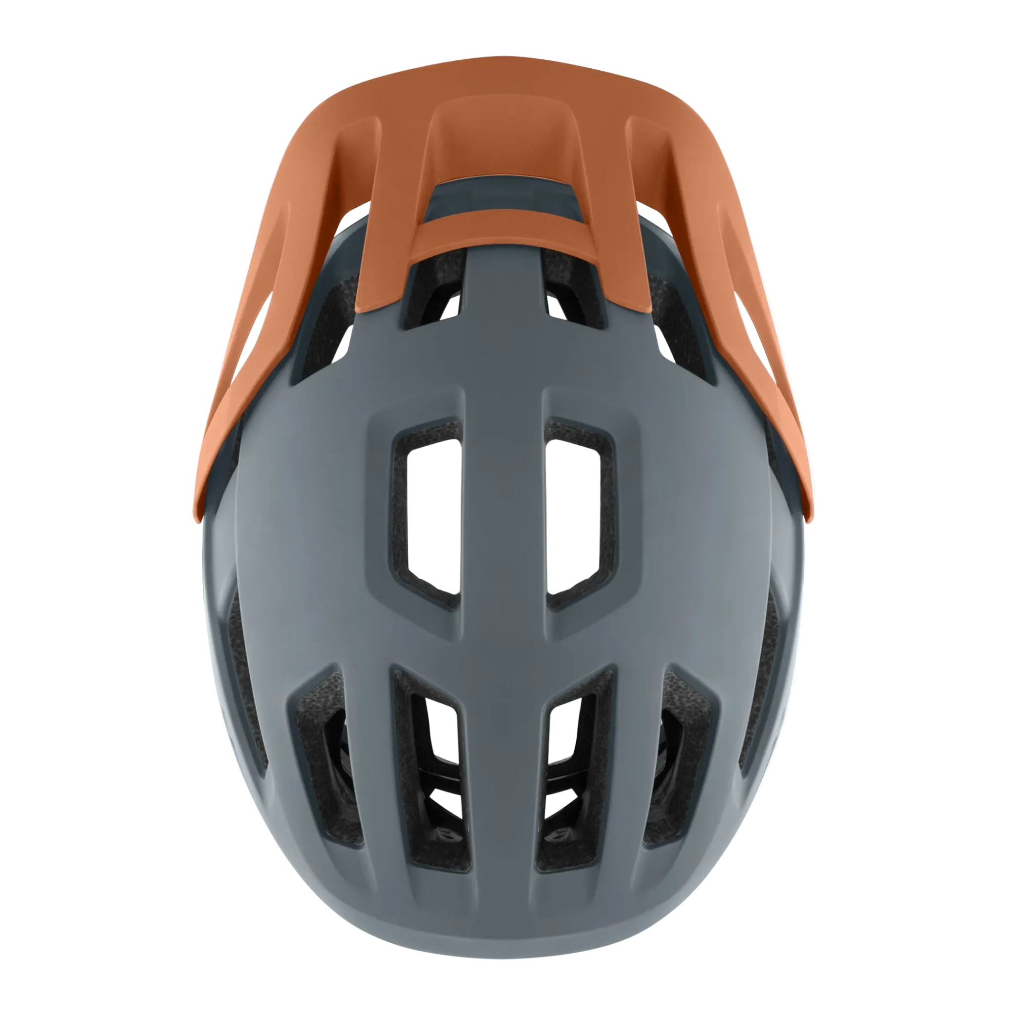 Top view of Smith Engage MIPS mountain bike helmet in Matte Flint/Tarmac, showing ventilation ports and aerodynamic design