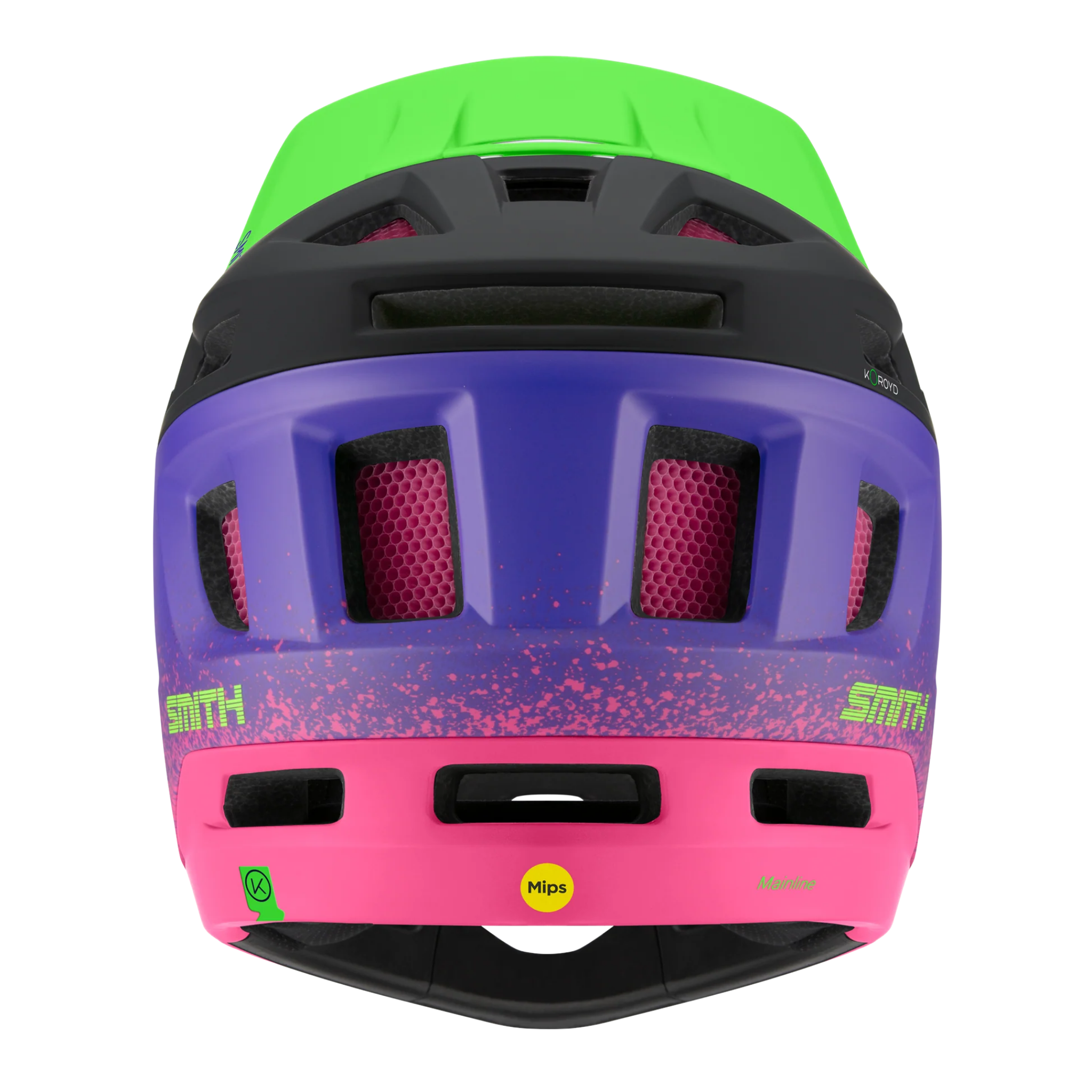 Rear view of Smith Mainline MIPS full face mountain bike helmet in Matte Archive Flamingo with AirEvac ventilation