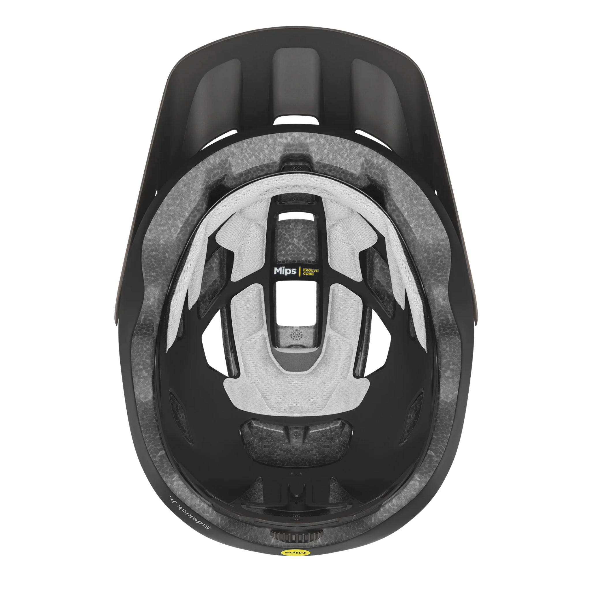 Close-up of the AirEvac™ ventilation system on the Smith Sidekick Jr MIPS mountain bike helmet in Matte Black