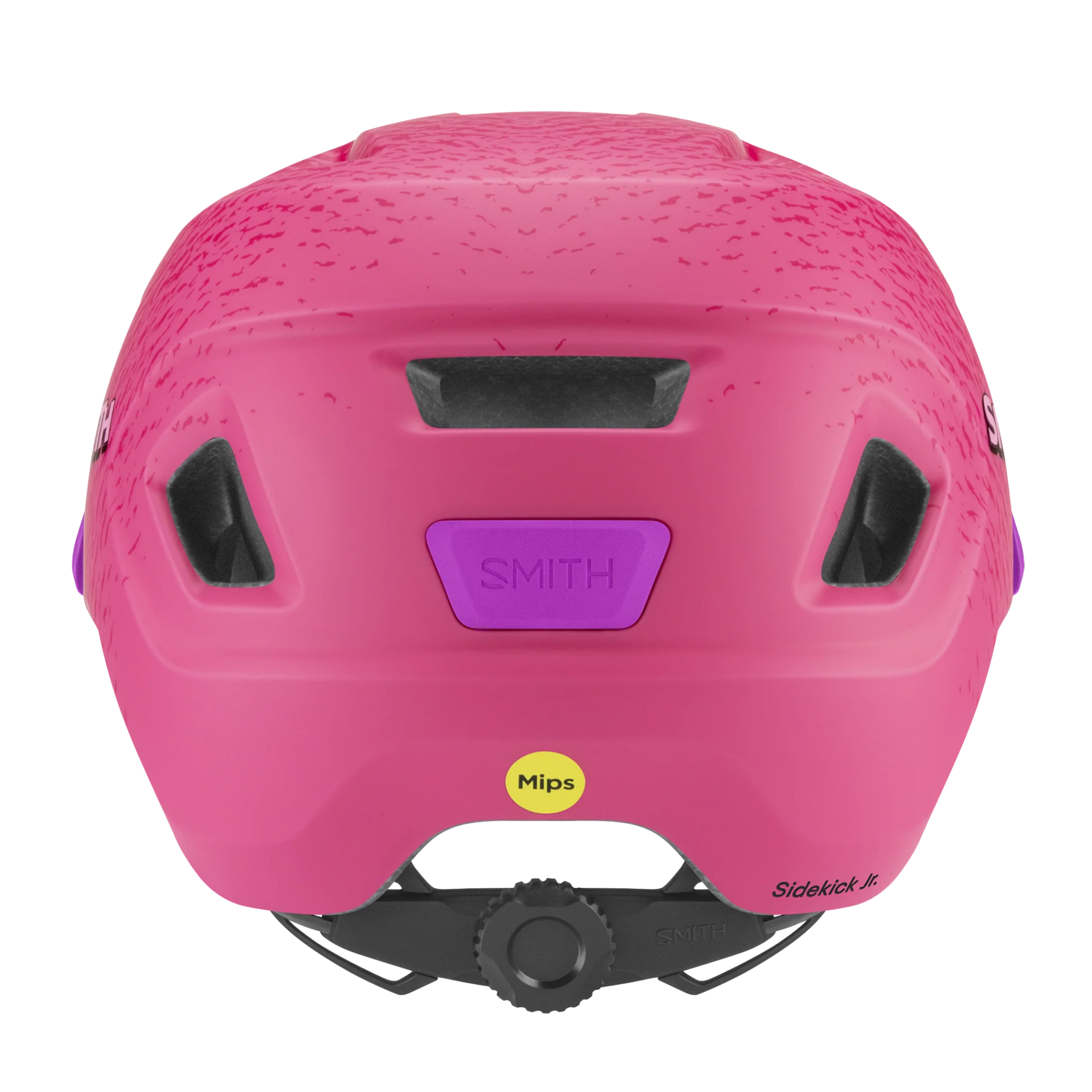 Rear view of Smith Sidekick Jr MIPS mountain bike helmet in Matte Lollipop Pink with adjustable dial fit system