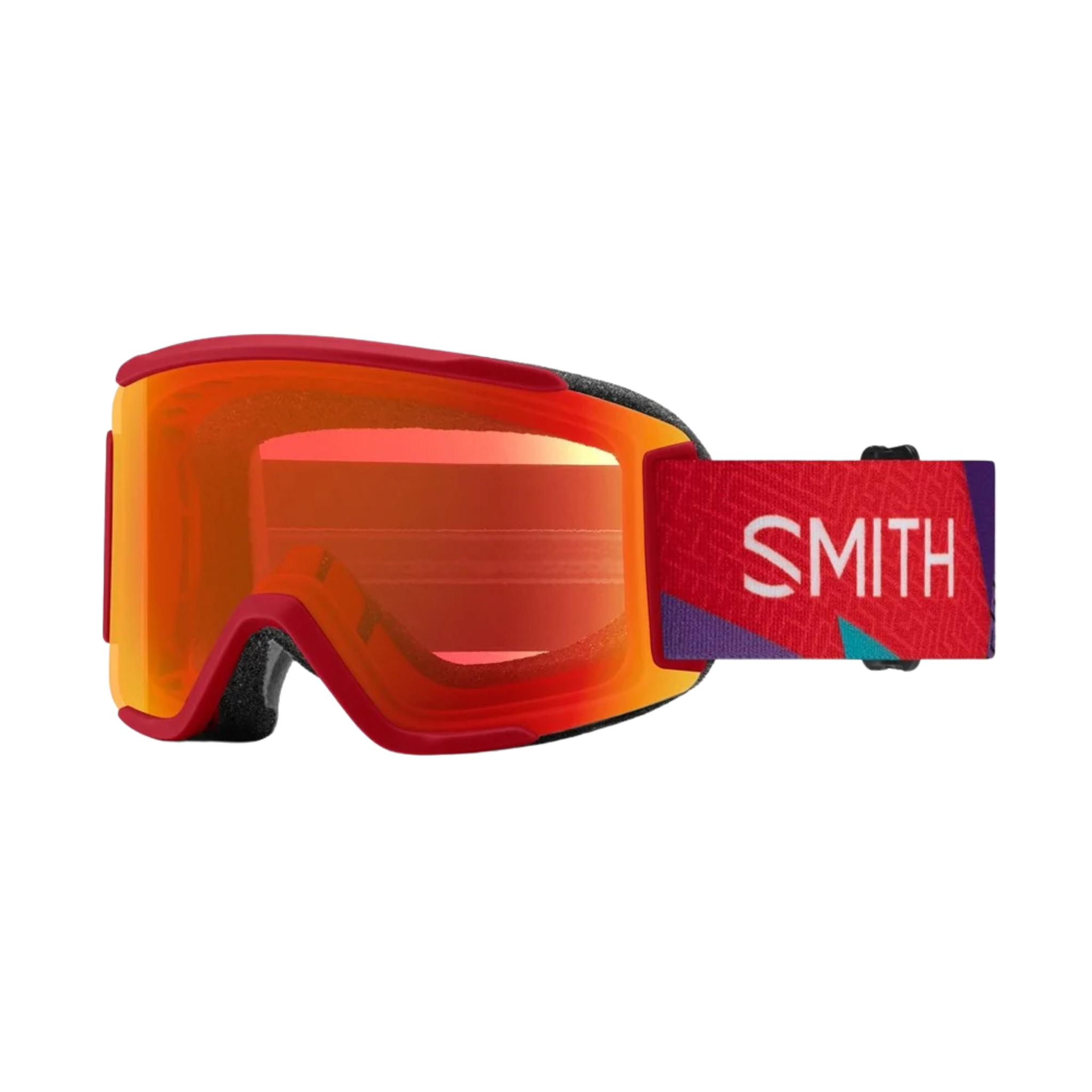 Smith Squad S Low Bridge Fit ChromaPop snow goggles in Crimson/A-Maze-Zing Everyday Red Mirror, suited for skiing and snowboarding in Whistler