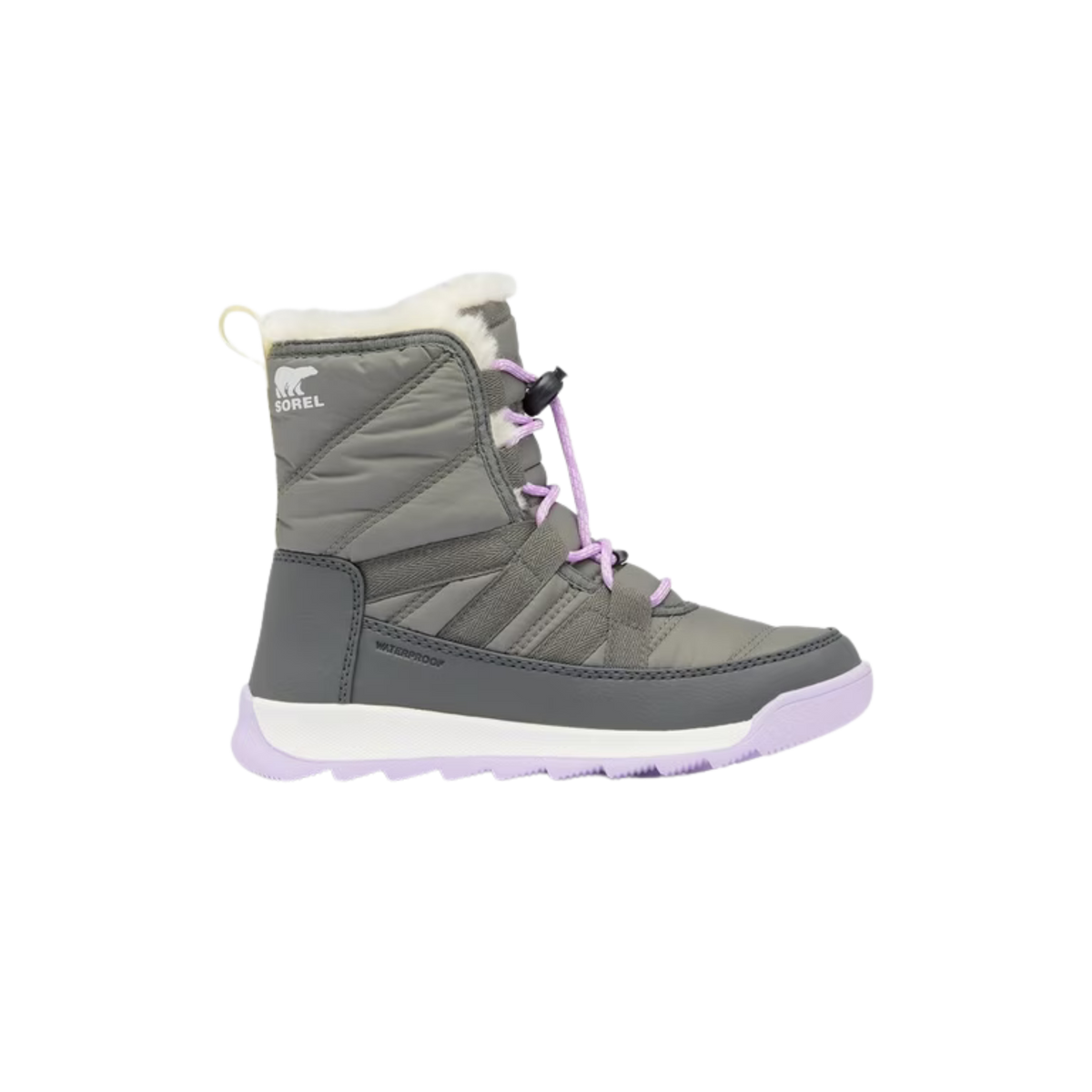 Sorel Youth Whitney II Plus Lace WP waterproof winter boots in Quarry / Lavender Cloud design with 200g insulation and adjustable lace-up design